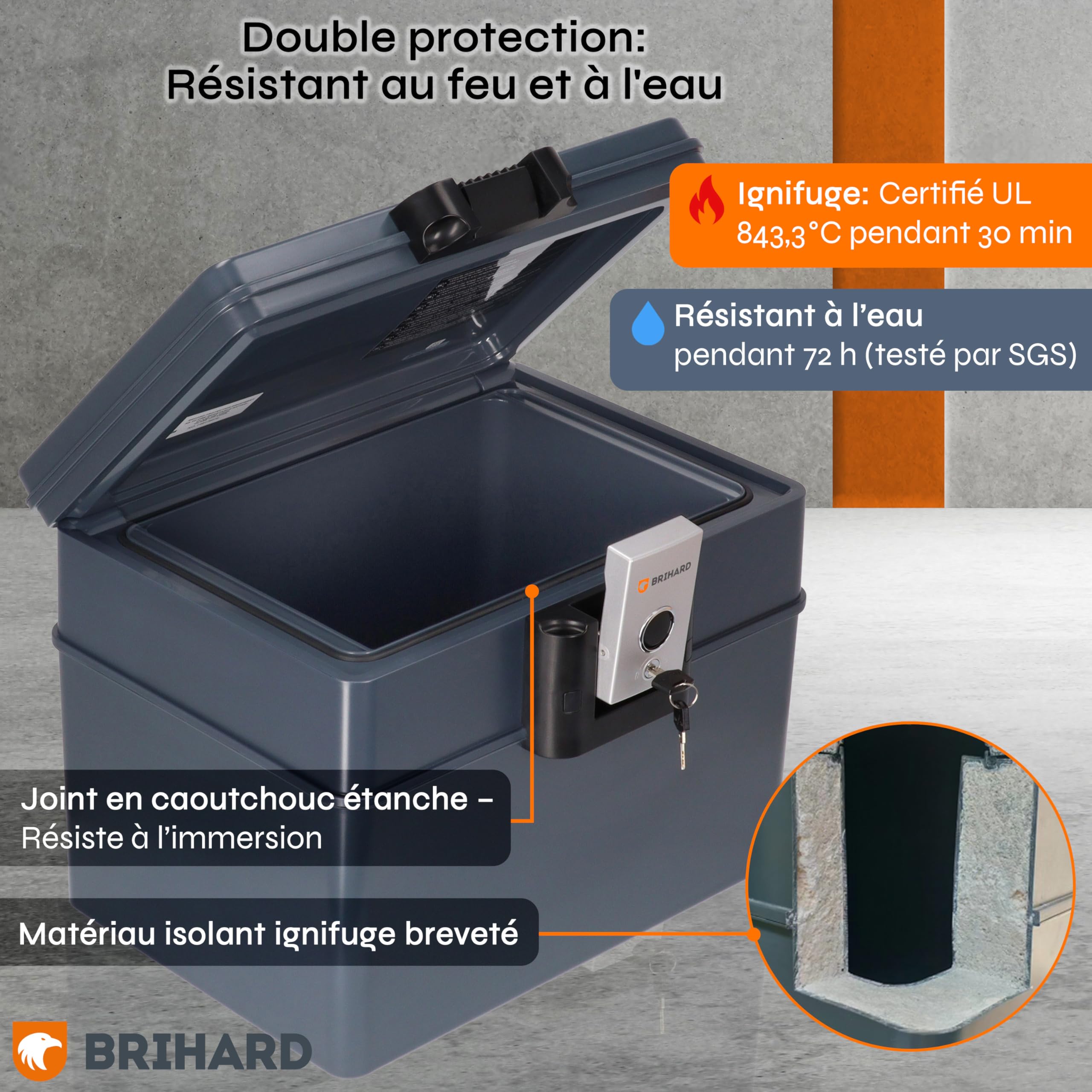 Coffre-Fort Portable Ignifuge 2037 A4 XXL – Coffre Sécurisé Étanche avec Serrure à Clé, Rangement Documents A4, Objets de Valeur H32.9×L40.7×P32.1cm
