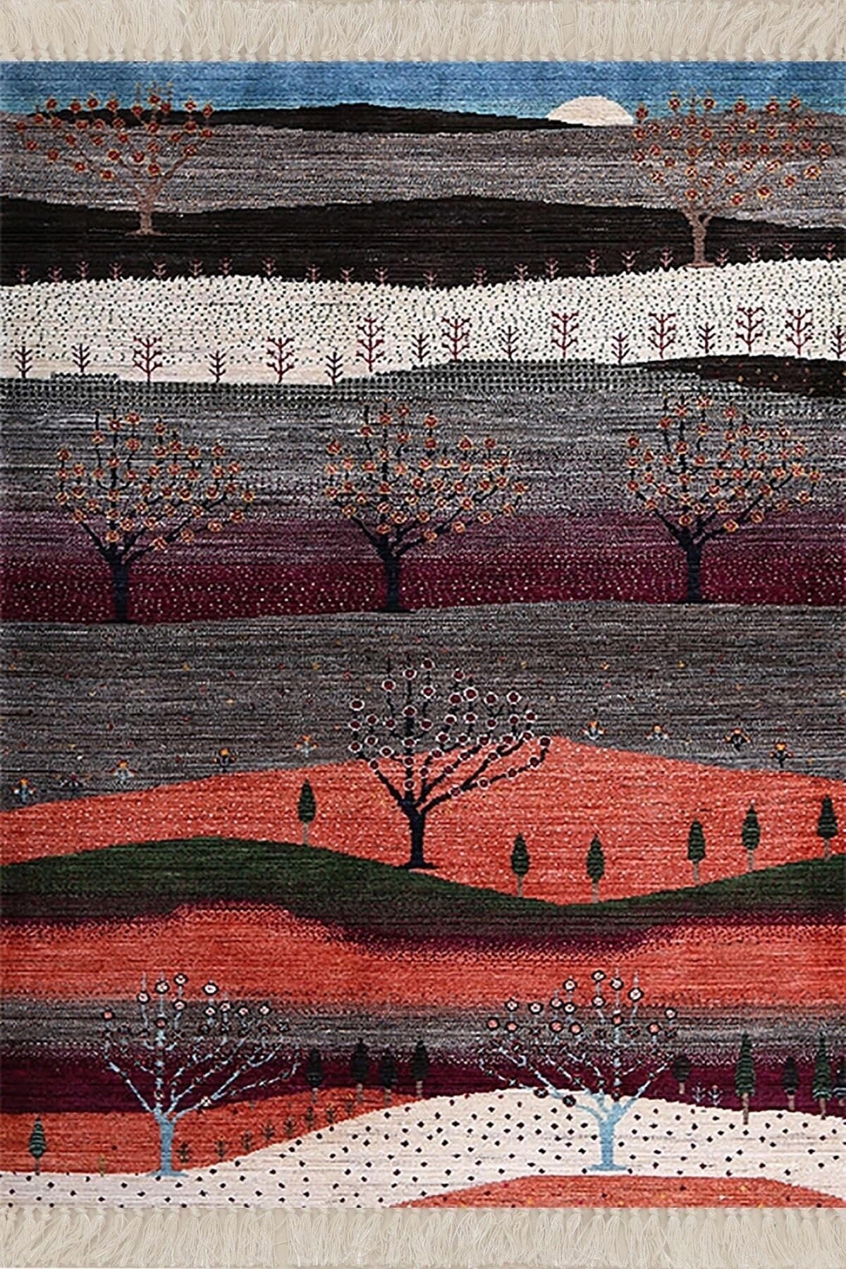 Pelangi Ağaç Desenli Dijital Baskı Yıkanabilir Kaymaz Taban Etnik Kilim Desen Salon Halısı Ve Yolluk, Gri 120 x 180