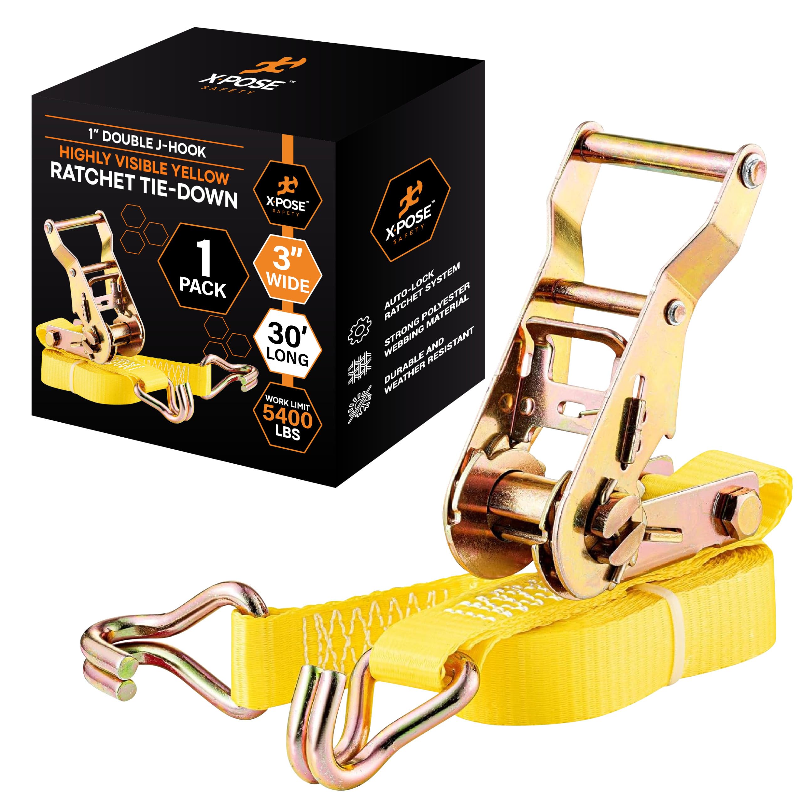 Ratchet Straps Heavy Duty 3" x 30' – 16,200 lbs Break Strength Tie Down Straps with Double J Hooks, Ratcheting Cargo Straps for Truck, Trailer, Kayak, Motorcycle & Moving – 1 Pack