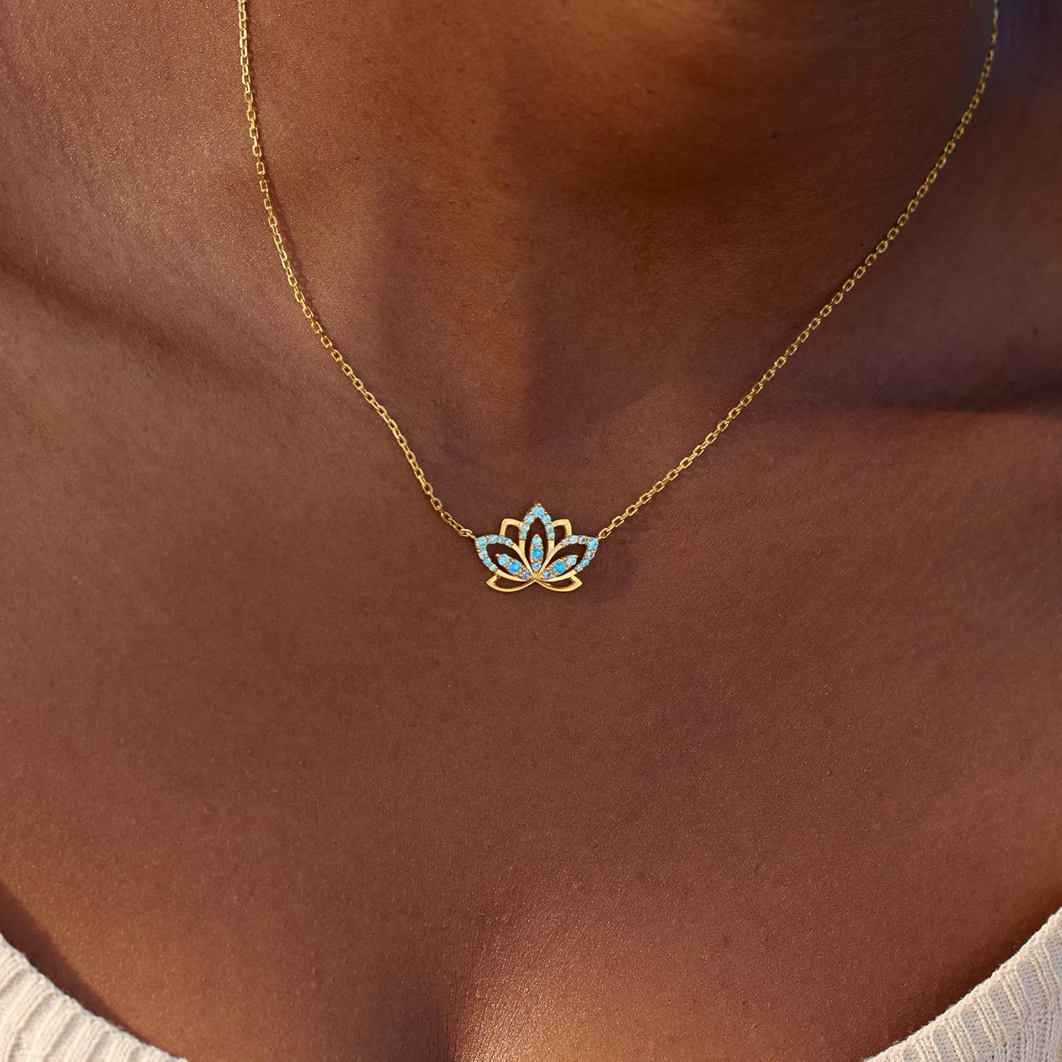 STORYJEWELLERY 18K Gold Plated Necklace for Women, Lotus Flower Pendant Necklace, Blue Charm Necklace for Women, Dainty Gold Plated Necklaces Non Tarnish, Gifts for Birthday Graduation Retirement - Image 6