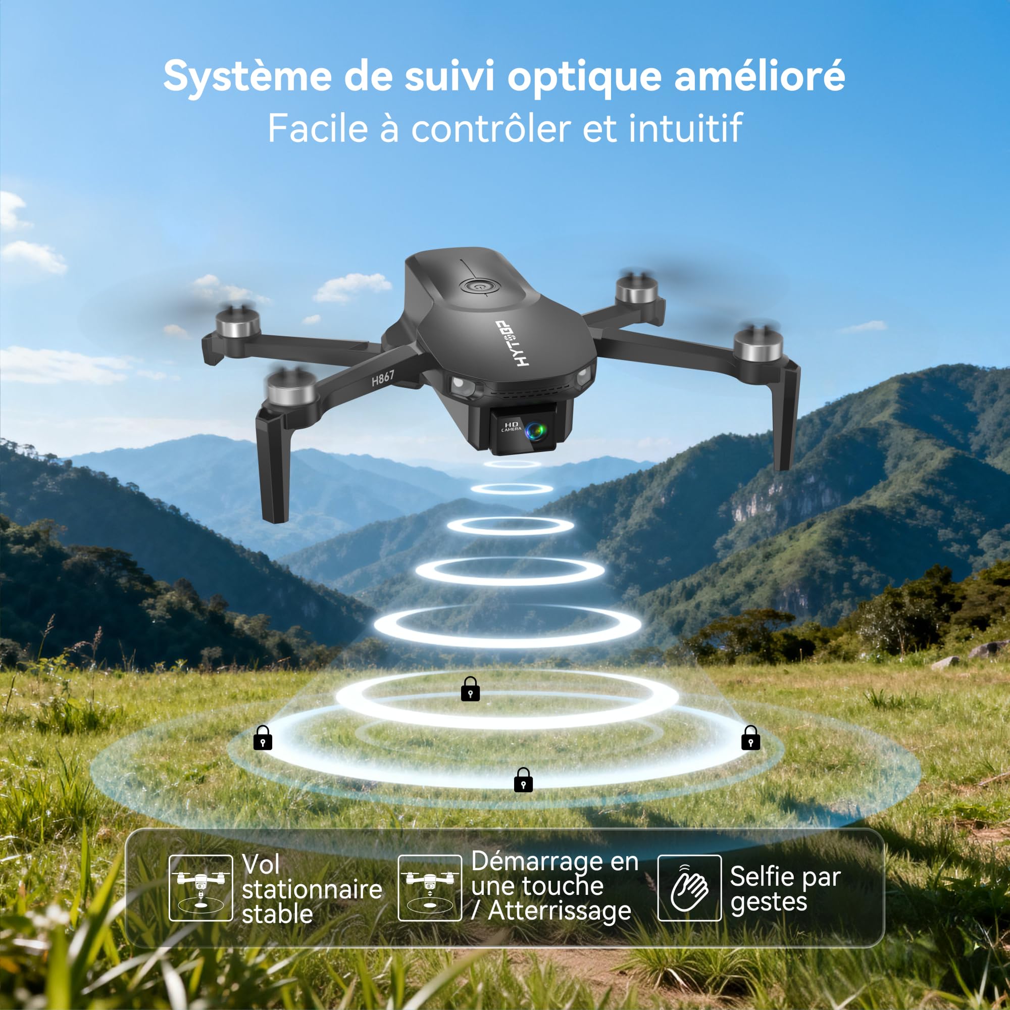 H867 Drone avec Caméra 4K pour Adultes et Débutants, Moteur Sans Balais, Quadricoptère RC Pliable avec 2 Batteries, Mode Sans Tête, Retournements à 360°(Noir)(Standard)