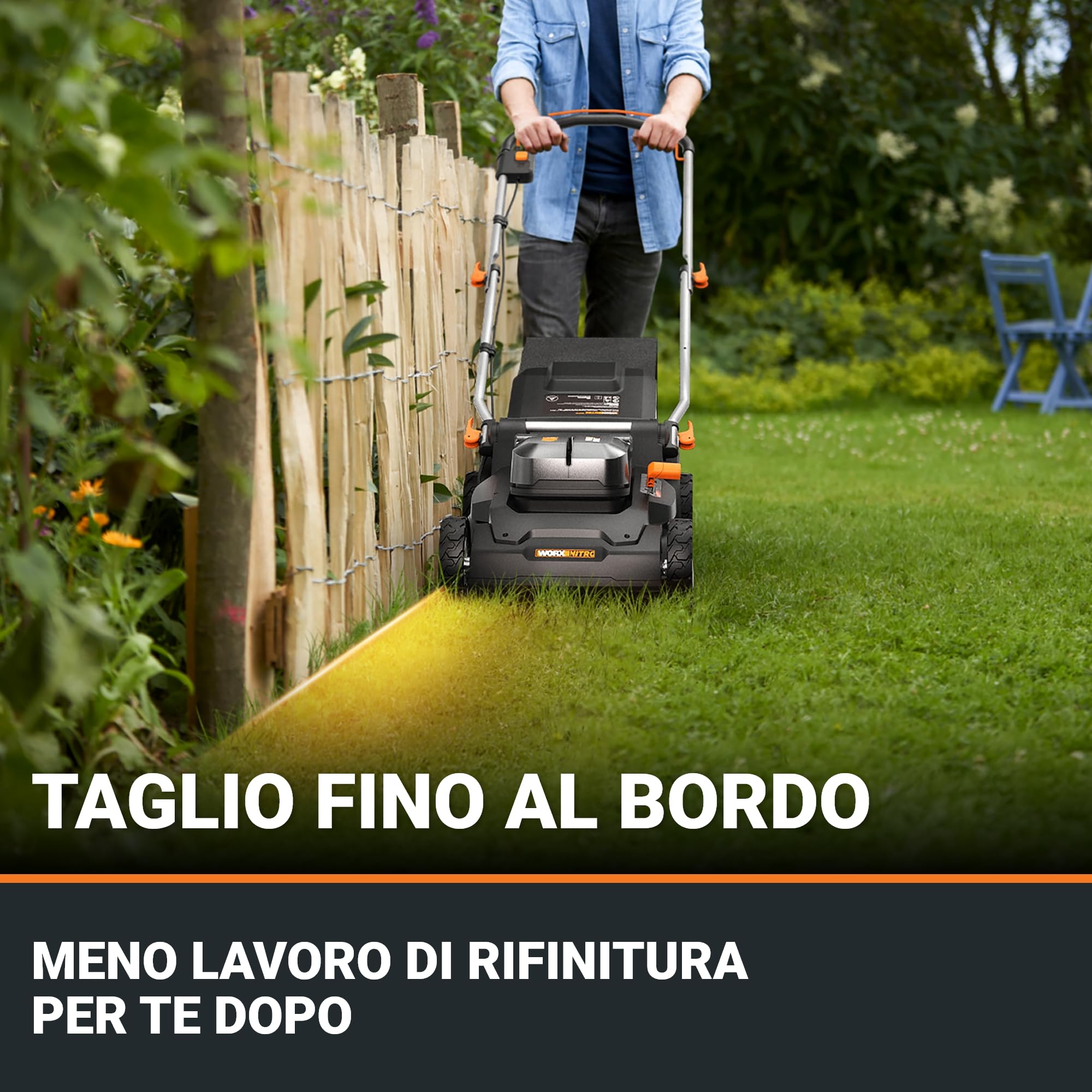 WORX Nitro WG745E, tosaerba a batteria 40V, 2 batterie 20V da 4Ah Pro incluse, superficie massima 600 m², diametro 41 cm, 50 l, taglio fino ai bordi, 6 altezze di taglio, taglio classico