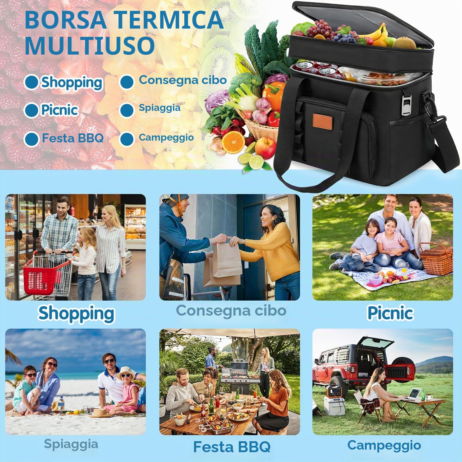 Borsa Termica Porta Pranzo 30.7L Doppio Frigo Grande con Tracolla Regolabile e Tasche Multiple per Picnic Campeggio Ufficio Nero