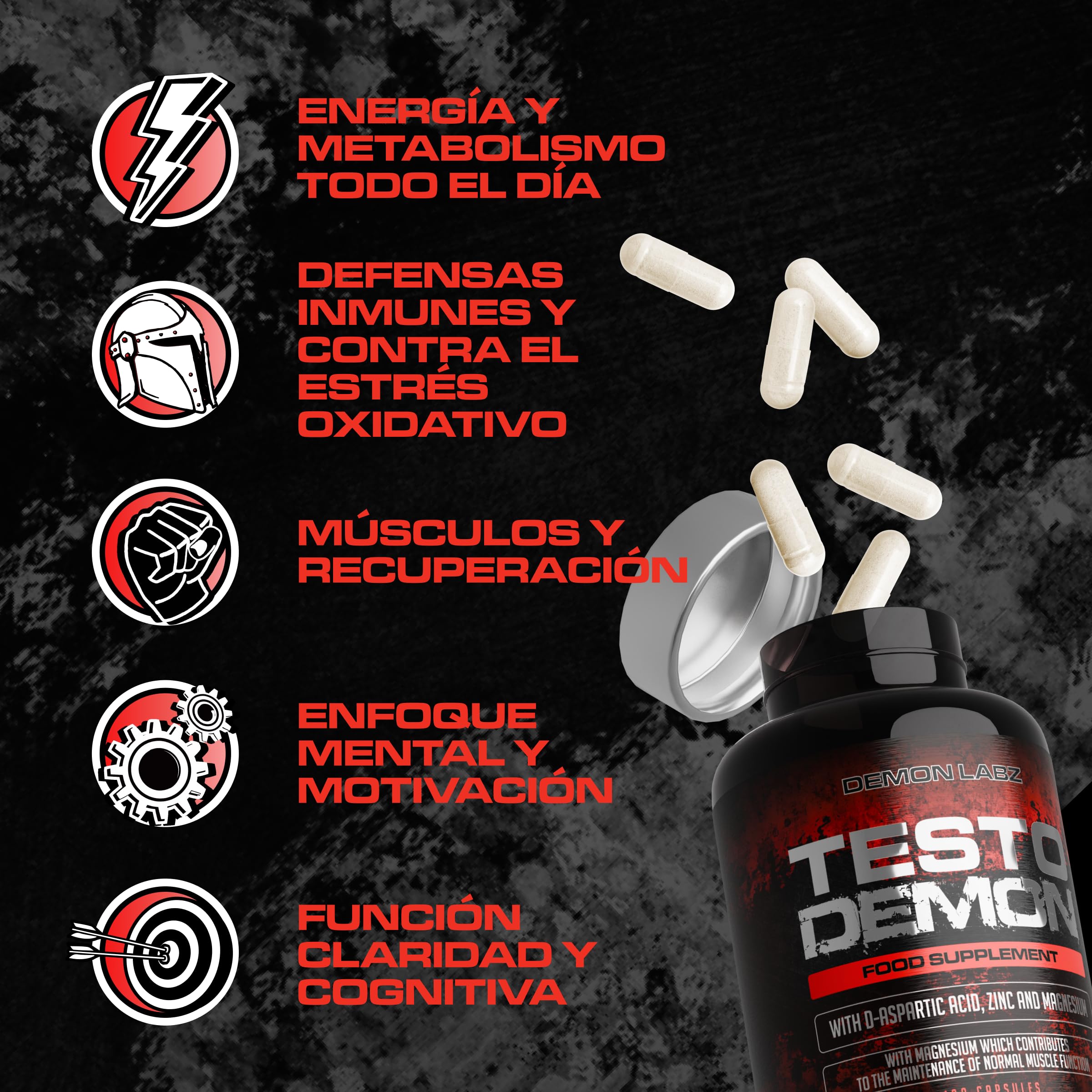 Testo Demon – Complejo de Zinc y Aminoácidos para hombres con Maca, Vitaminas B y Extractos Botánicos – 120 Cápsulas (30 Porciones)