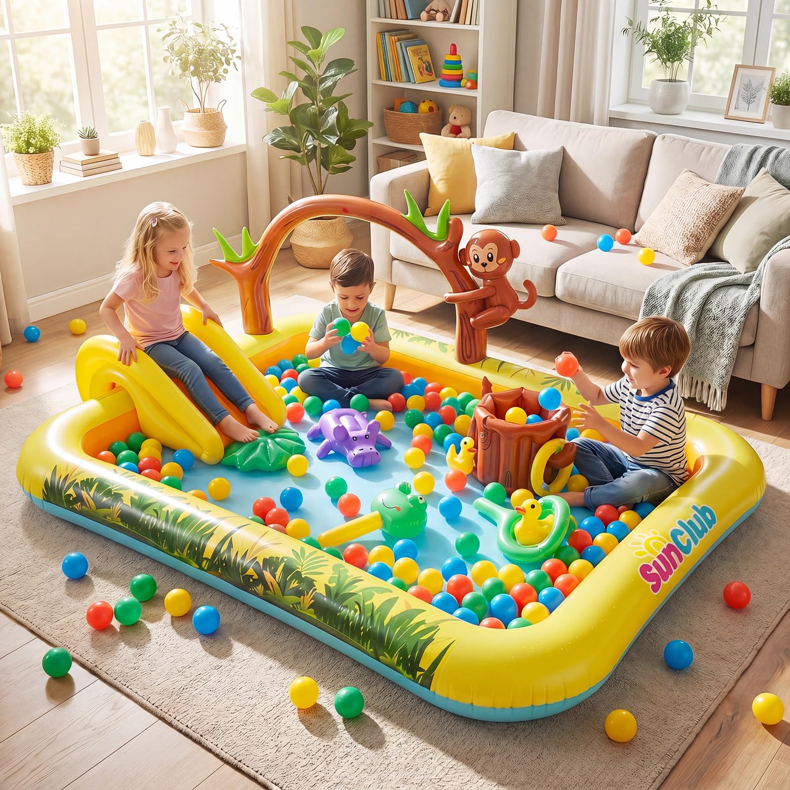 SOARS Piscine Gonflable, Aire de Jeux Extérieure sur Le Thème de Jungle, Toboggan & Pataugeoire, Jets d’Eau, Jeu de Lancer d’Anneaux, Parc Aquatique d’Été pour Jardin, Terrasse, 207 X 168 X 77 CM