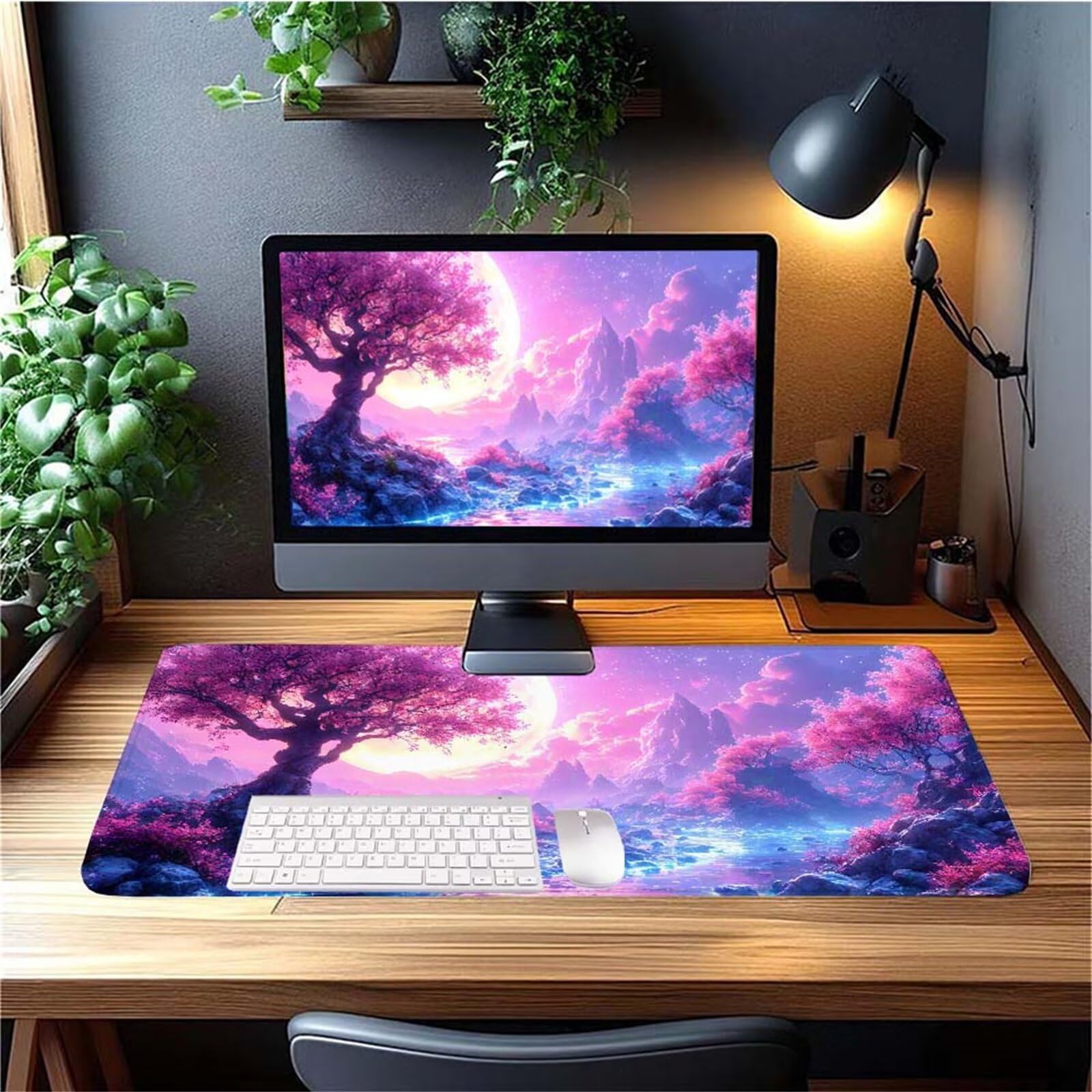 Alfombrilla Ratón Luna Árbol Alfombrilla Ratón XXL 1400x600x3mm Mouse Pad Resiste Salpicaduras, Extendida de Gran Tamaño con Bordes Cosidos, Mejora Precisión y Velocidad, Antideslizante,Duradera y-477
