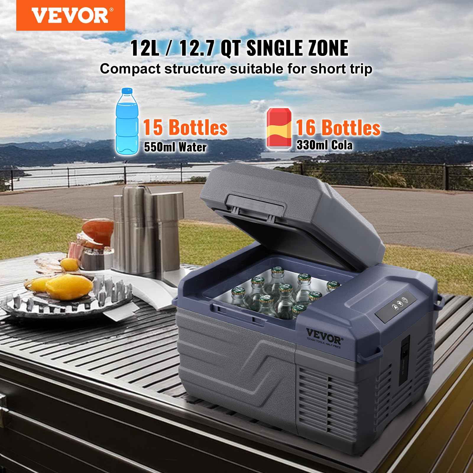 VEVOR Przenośna lodówka samochodowa 12 V, zamrażarka 12 l, regulowany zakres od -20 ~ 20°C, 12/24 V DC / 100-240 V AC, chłodnica kompresorowa do użytku na zewnątrz, na kemping, do kampera