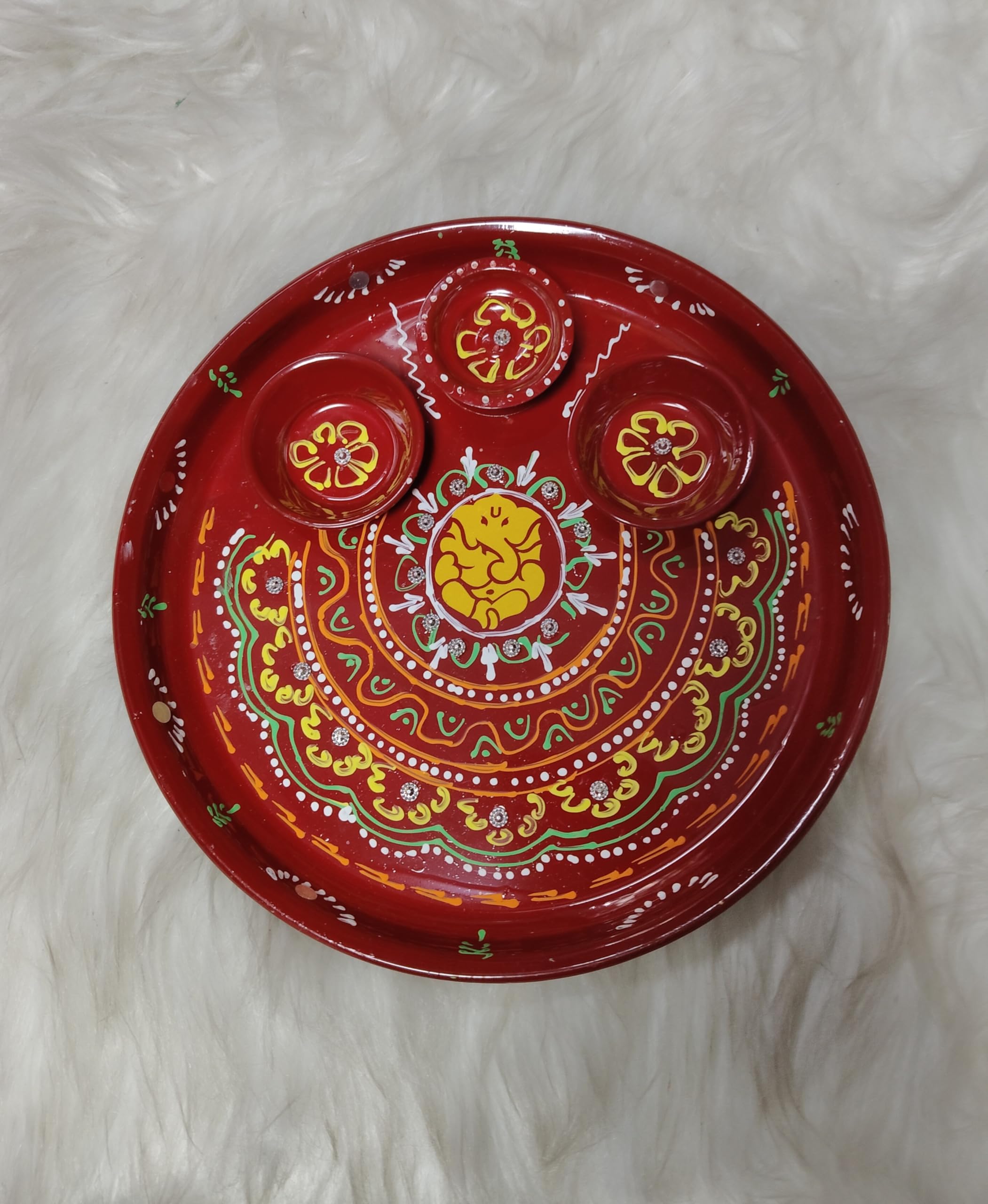 SHRIJA CRAFTS Pooja Thali Set with Ganesh Design Decorative Puja Plate with Kumkum Bowls Aarti Thali for Diwali Karwa Chauth Rakhi Wedding Festival Home Temple Use