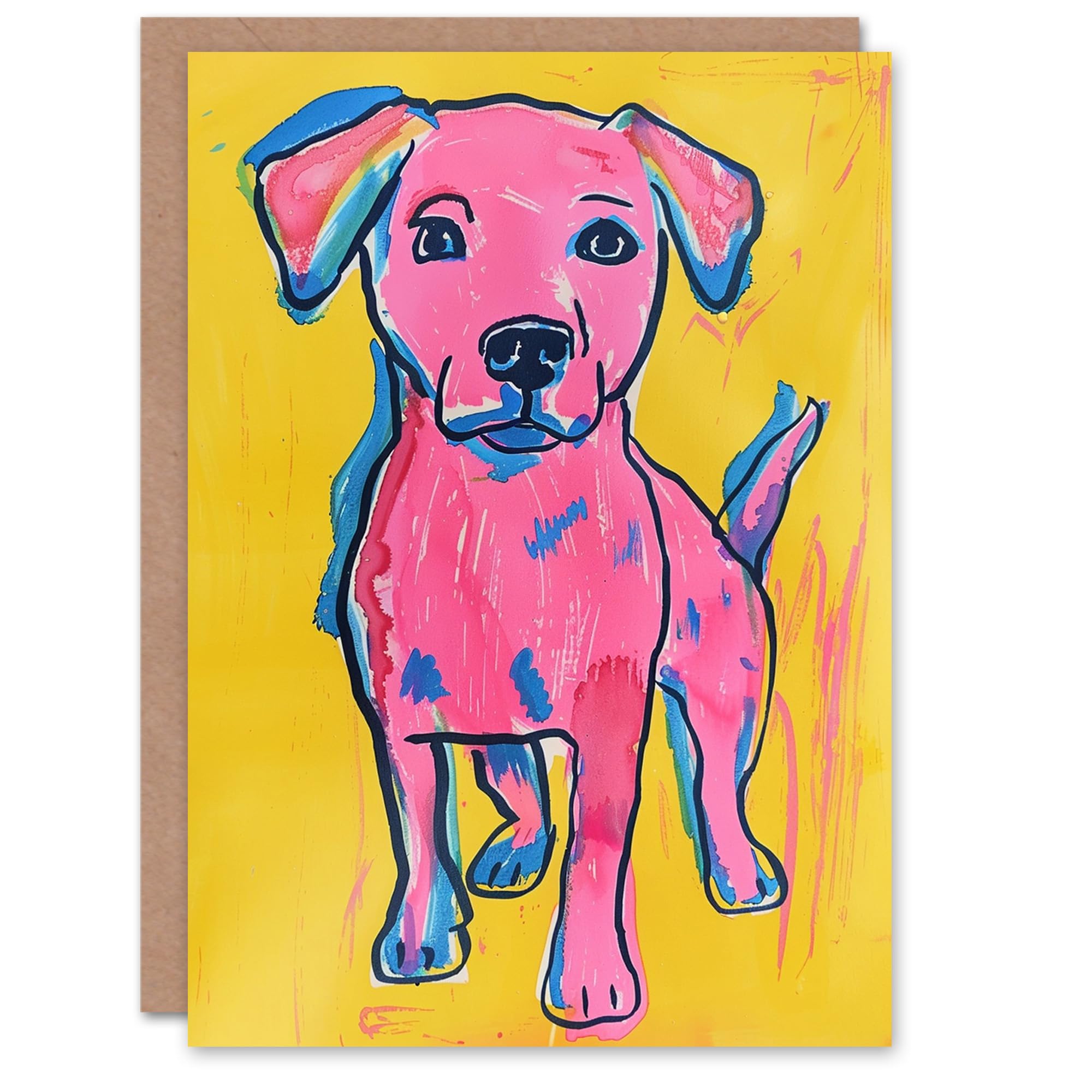 Artery8 Cute Puppy Pop Art Pink Yellow Blue Dog Lover Blank For Him Or Her Art Birthday Card