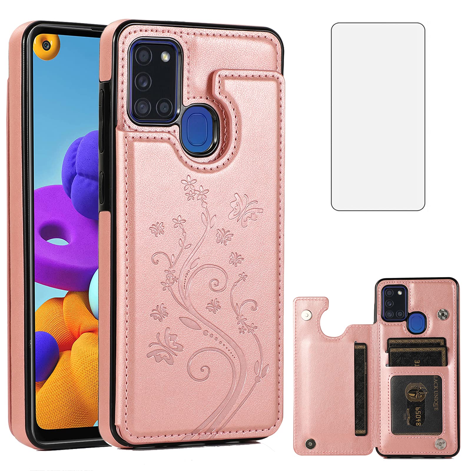 Asuwish Phone Case for Samsung Galaxy A21S with Tempered Glass Screen Protector and Card Holder Wallet Cover Stand Flip Leather Cell Accessories Glaxay Galaxies A 21S Cases Women Girl Rose Gold