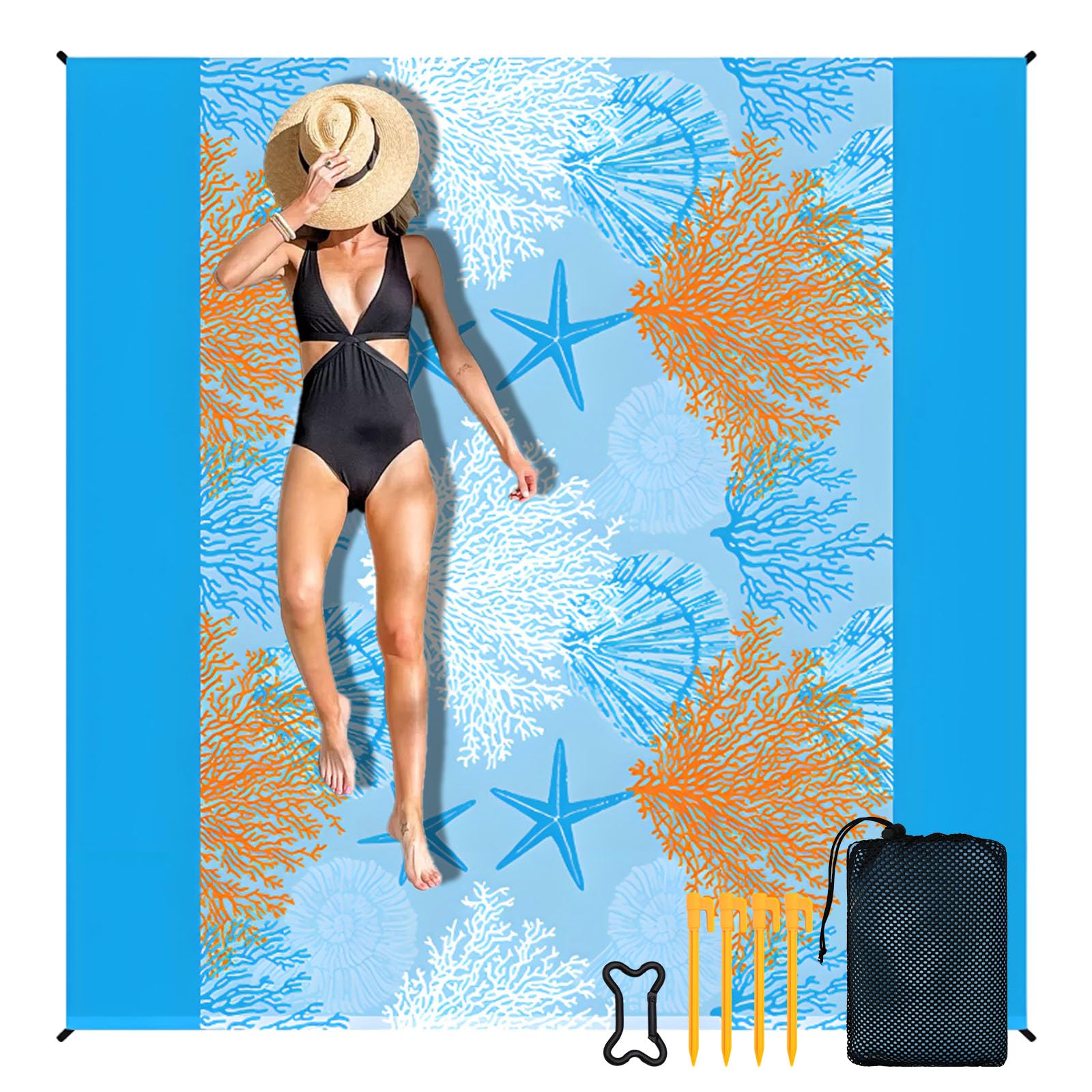 Coperta da Spiaggia Impermeabile 200 x 200 cm, Stuoia Spiaggia con 4 Picchetti, Tappetino da Mare Grande, Telo Antisabbia