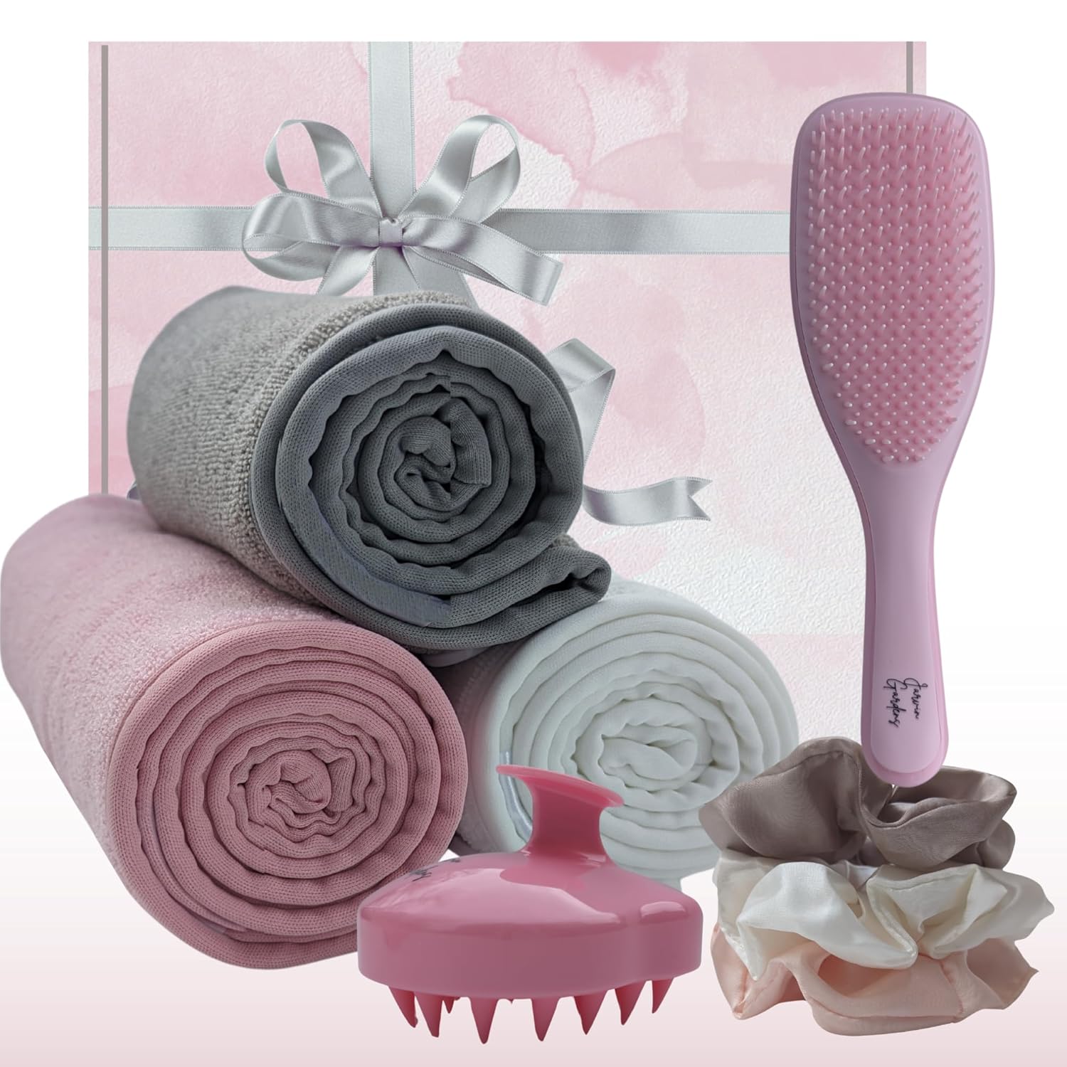 Hair Care Gift Set 8 Pcs: Detangler Brush, 3 Microfiber Hair Towels, 3 Satin Scrunchies, Scalp Massager Shampoo Brush – Spa Accessories Gift Box