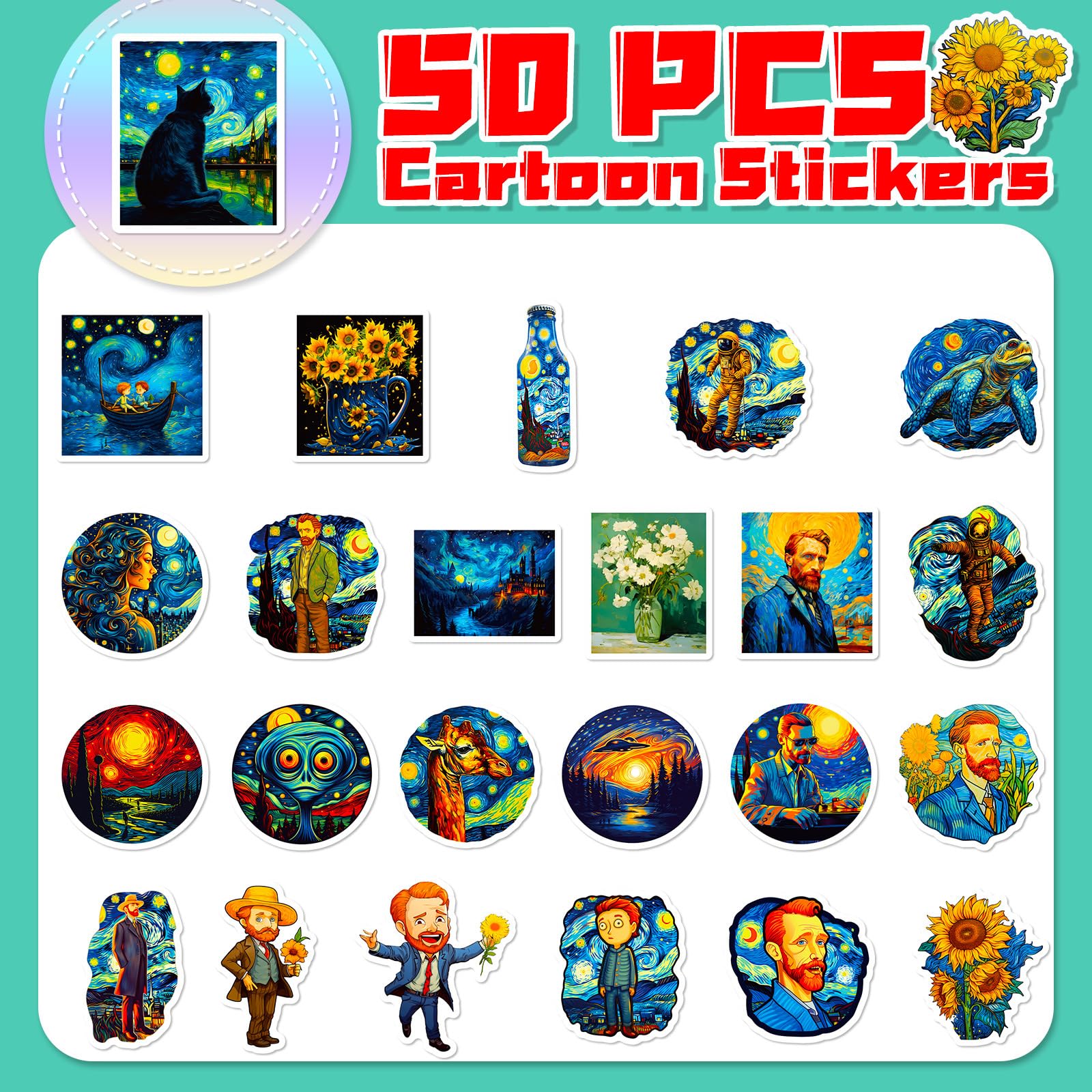 Yoksas 50Pcs Van Gogh Starry Night Artistic Small Stickers - Vinyl Waterproof Aesthetics Sunflowers Oil Painting Stickers for Water Bottles,Scrapbook,Laptops,Luggage,Journals