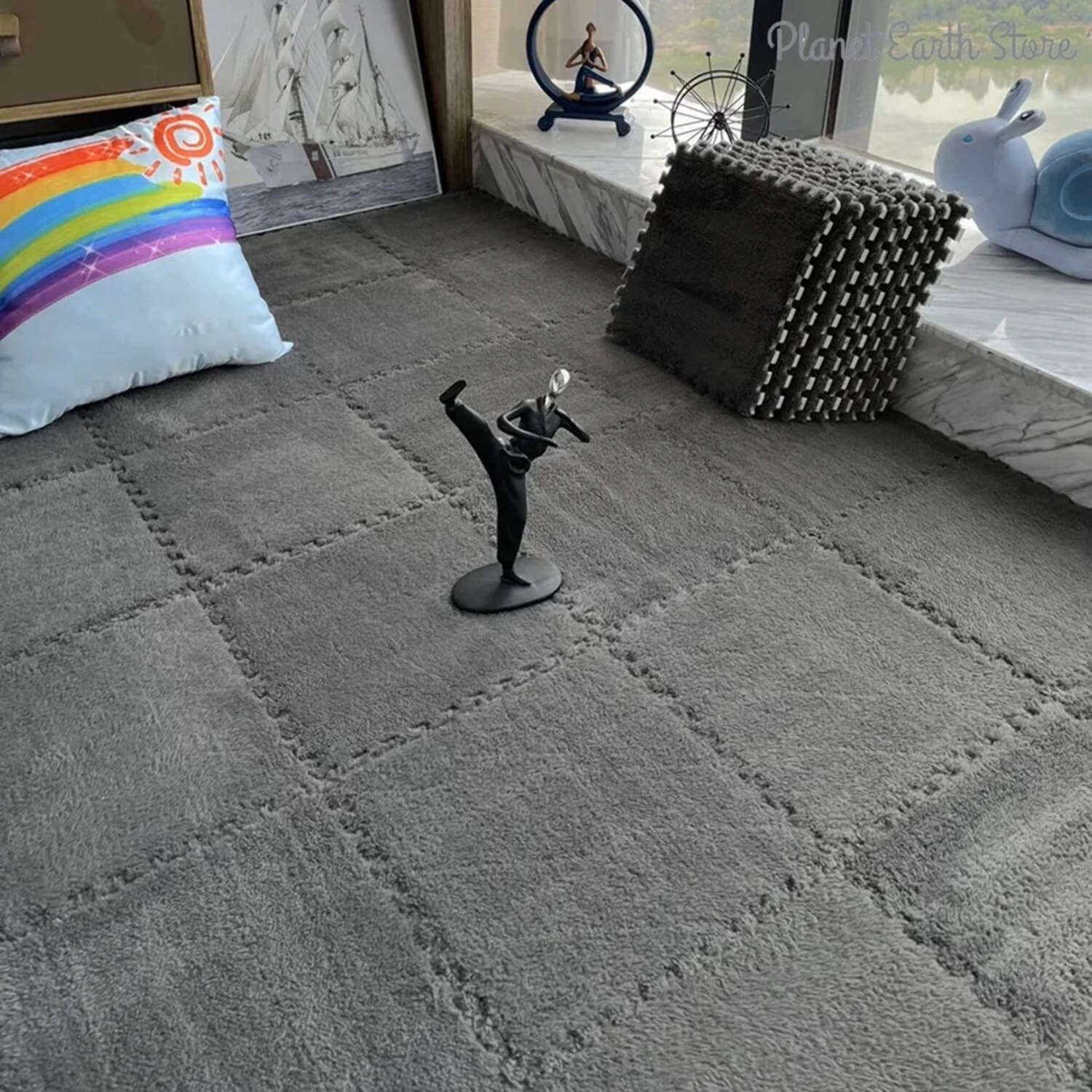 Interlocking Foam Floor Tiles, Blue and White Checkered Pattern, Soft Cushioned Puzzle Mats for Living Room, Home Gym, Office & Floor Protection (White_Blue, 10 Pieces)