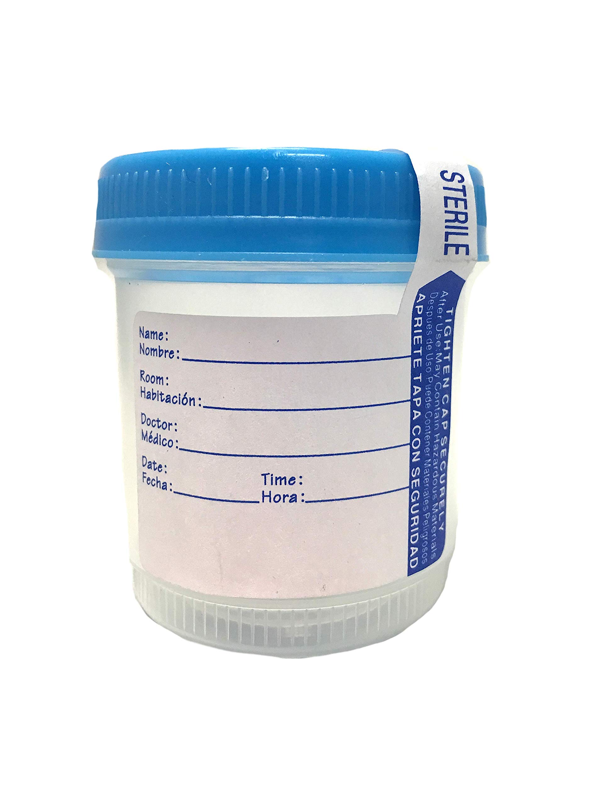 BioRx Laboratories Plastic Specimen Containers, 90mL, with Temper Evident Label, Sterile, Cap Color: Blue, (QTY. 150 per Case)