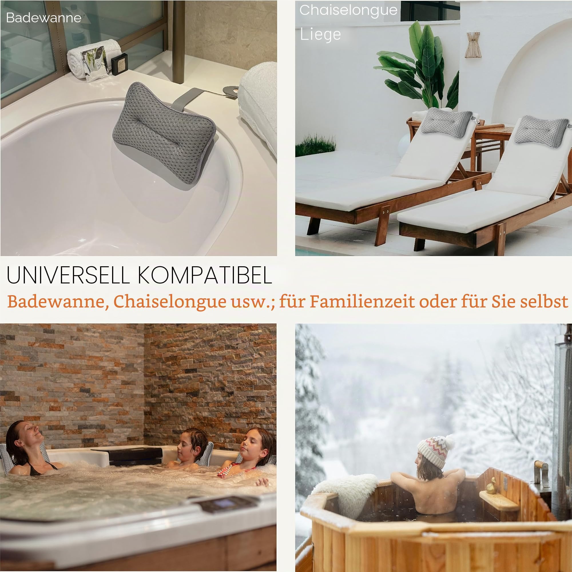 Großes Kissen für Whirlpool (grau), Spa und Chaiselongue – Universal-Kopfstütze und Nackenstützkissen, höhenverstellbar mit langem Gurt, einfaches Trocknen mit Haken, 2 Stück