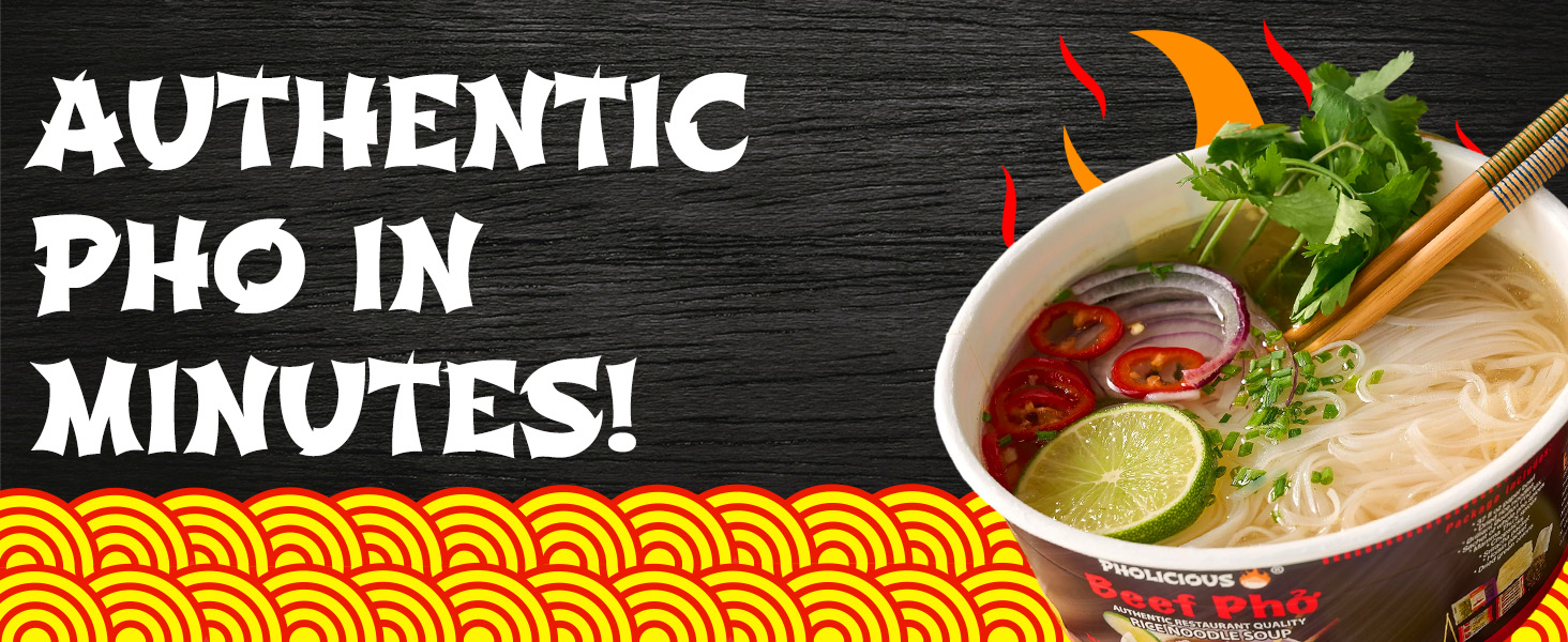 PhoLicious Instant Chicken Pho, Authentic Vietnamese Rice Noodle Soup Kit with Spices & Broth Mix, Ramen Noodles Alternative, Quick Microwave Meal - Pho Noodles Bowl - Chicken Flavor (4 Pack)