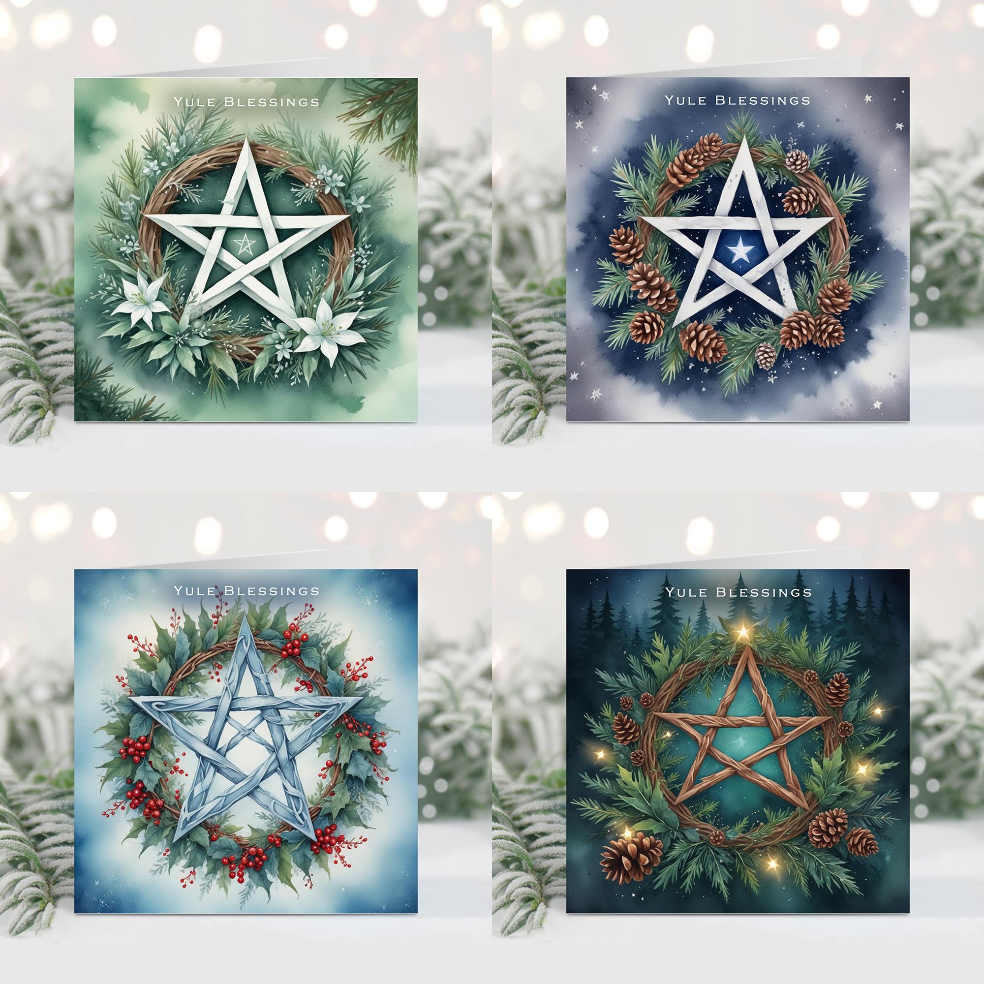 Pagan Yule Blessings Pentacle, Pentagram Christmas Cards in pretty watercolours. Celebrate the Winter Solstice with enchanting designs! Buy as singles or in a mixed pack of 4