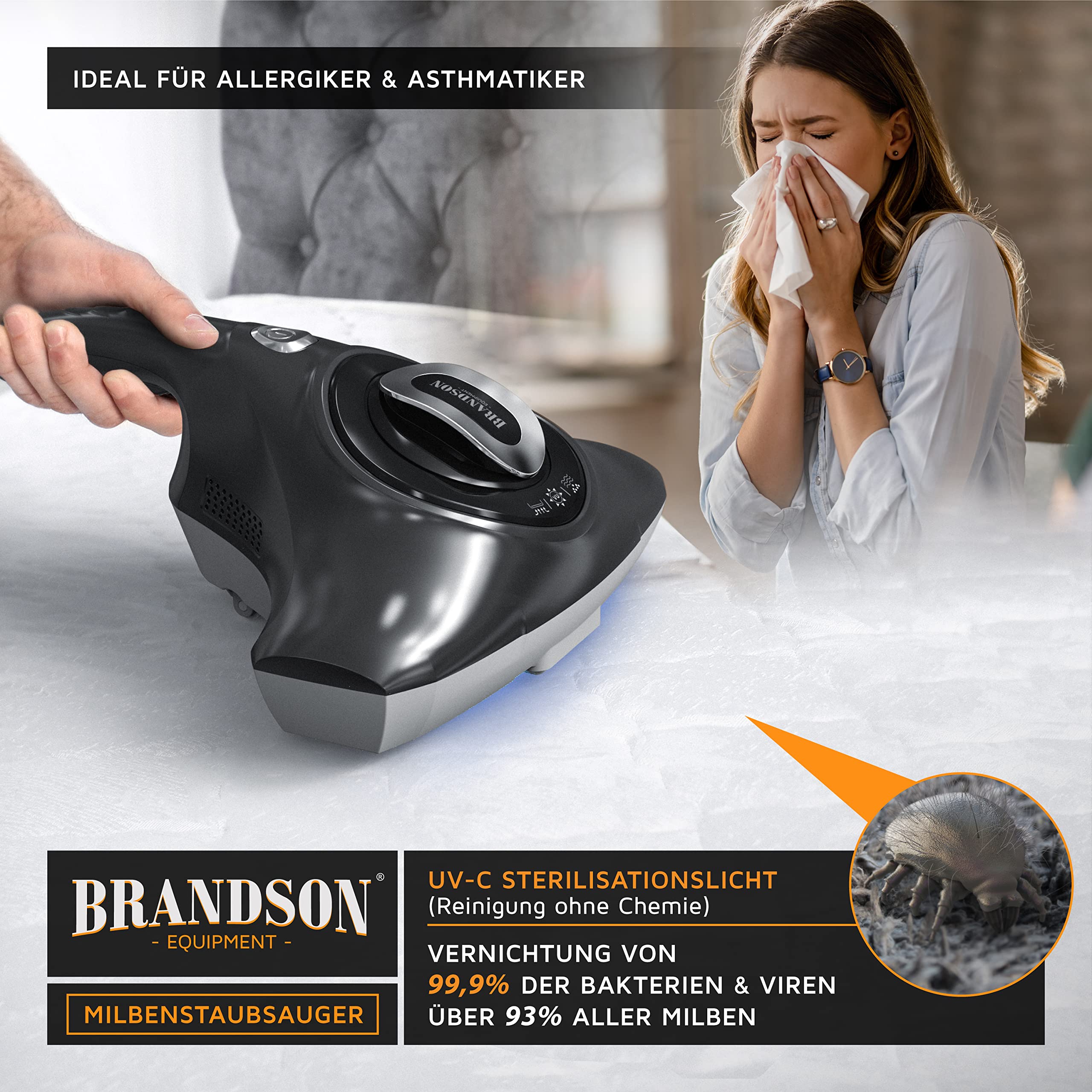 Brandson Milbensauger mit UV-Licht, bekämpft Bettwanzen, Handstaubsauger Polsterreiniger entfernt 99,9% Bakterien Allergene, Staub-Milben, Matratzenreiniger für hygienische Reinigung für Allergiker