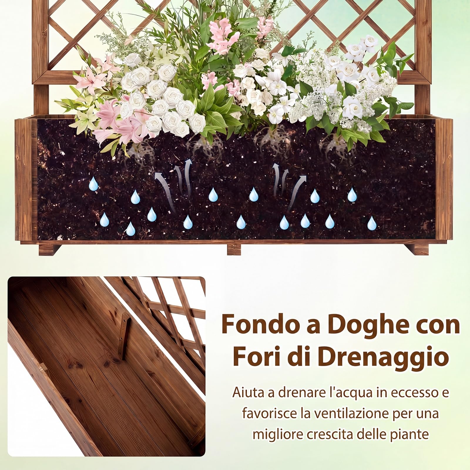 COSTWAY Fioriera Rialzata con Traliccio | Letto Rialzato da Giardino in Legno con Grigliato e Fori di Drenaggio, per Piante Rampicanti da Interno ed Esterno