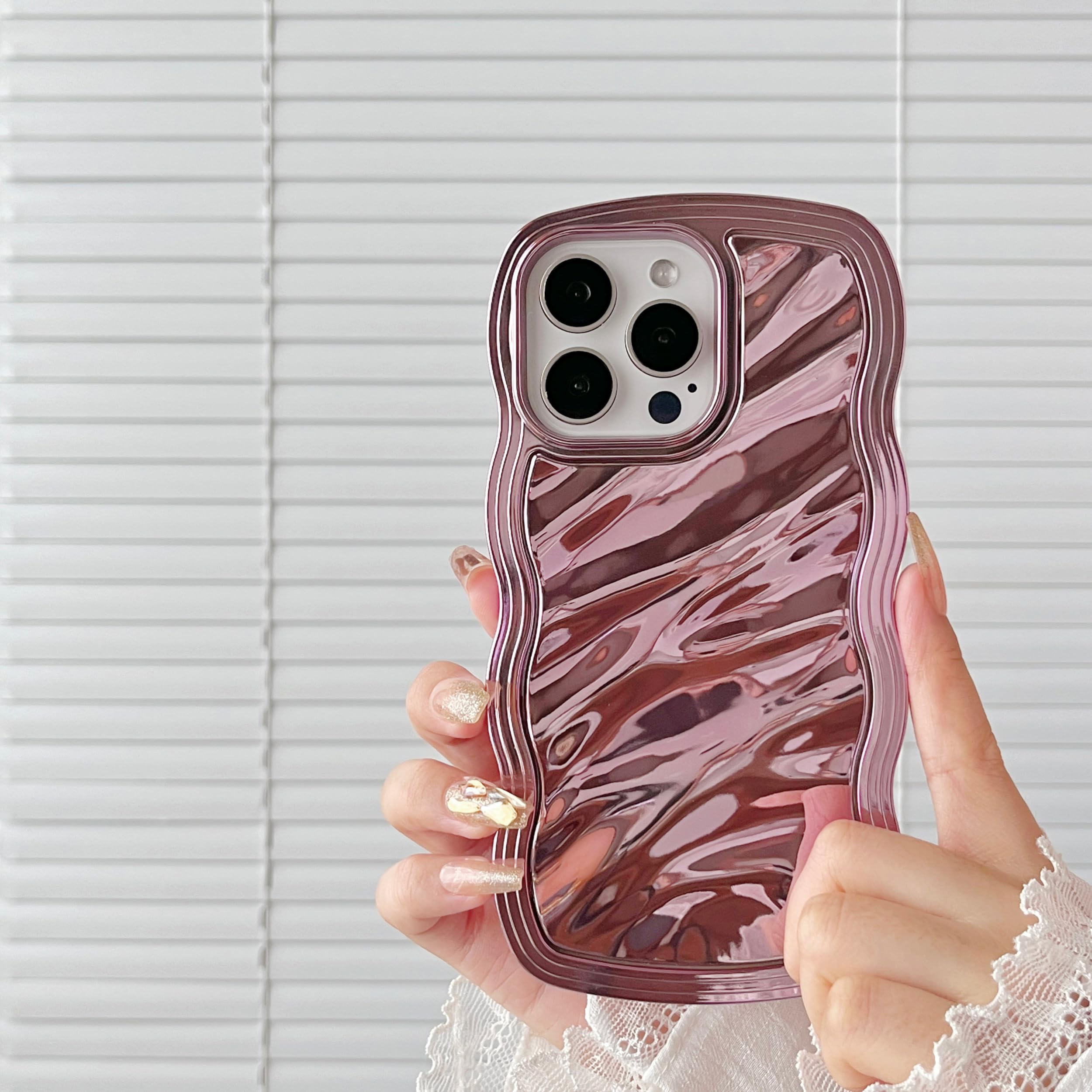FABSPARK Case for iPhone 15 Pro Max,3D Wave Water Ripple Pattern Electroplate Plating Curly Wavy Frame Glitter Case,for iPhone 15 Pro Max 6.7 Inch,
