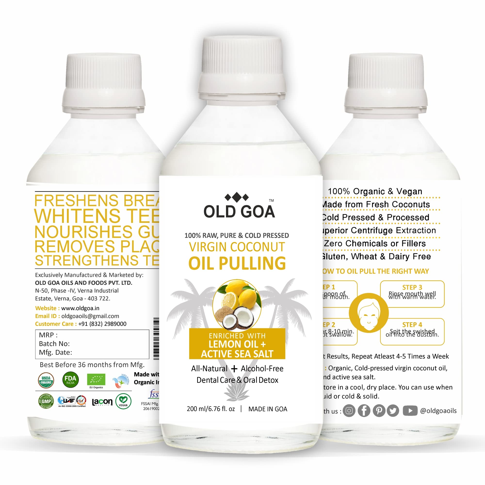 OLDGOA Virgin Coconut Oil Pulling Mouthwash | For Healthy Teeth & Gums, Bad Breath, Teeth Whitening, Fresh Breath | Oral & Dental Care | Lemon Oil + Active Sea Salt | 200 ML