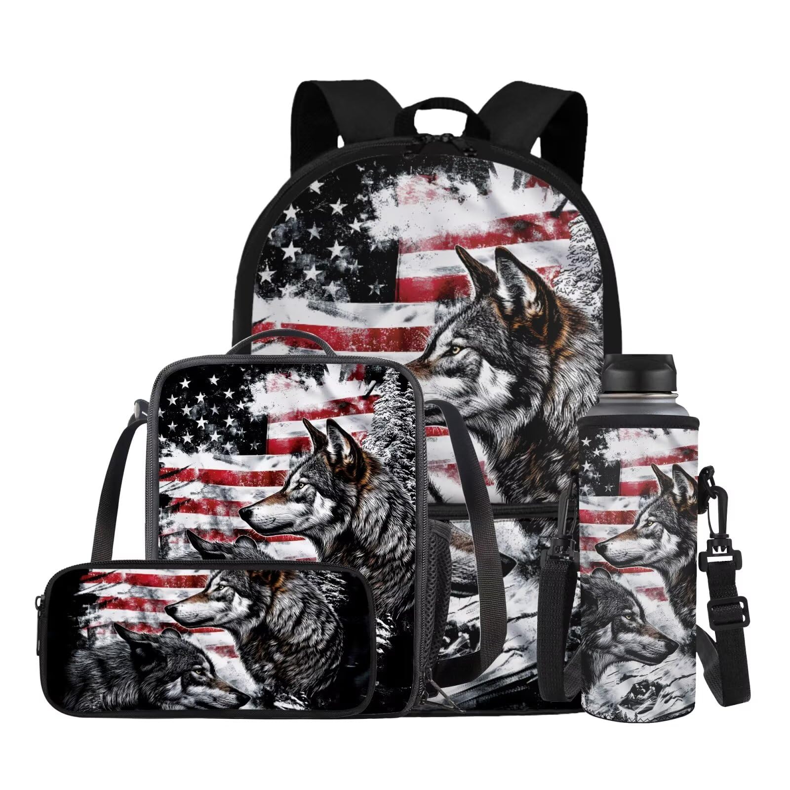 Gomyblomy American Flag Wolf Backpack for Boys 4 in 1 Set School Backpack with Lunch Box Kids Bookbag for Boys 8-12 12-14 Lightweight Teens School Bag