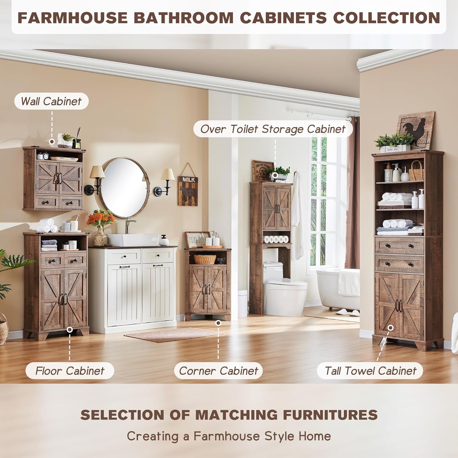 Rustic Brown Farmhouse Bathroom Wall Cabinet with Barn Doors
