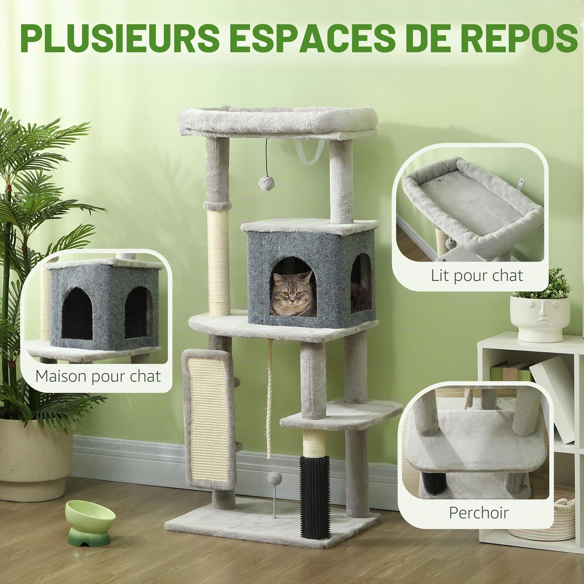 PawHut Arbre à chat de 132 cm avec grotte, balle de jeu, griffoir en sisal, pour chats jusqu'à 6 kg, gris clair