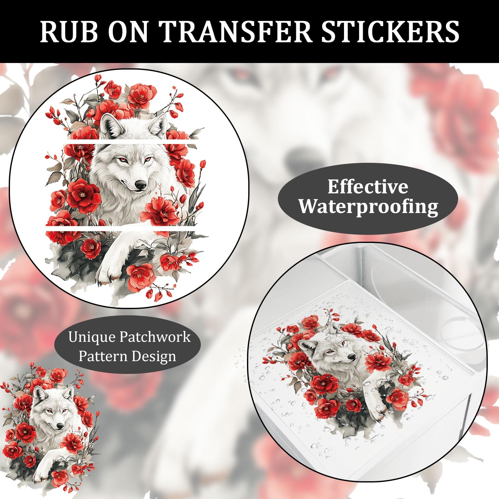 DÉCALCOMANIE LOUP BLANC UV POUR FONDS SOMBRES 6X7 CM