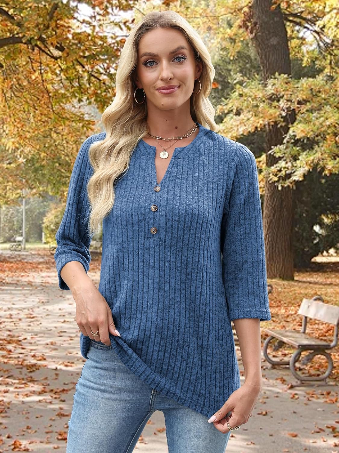 Womens Sweaters 3/4 Length Sleeve Tops Fall Fashion V Neck Casual Sweatshirt Winter Clothes - Image 3