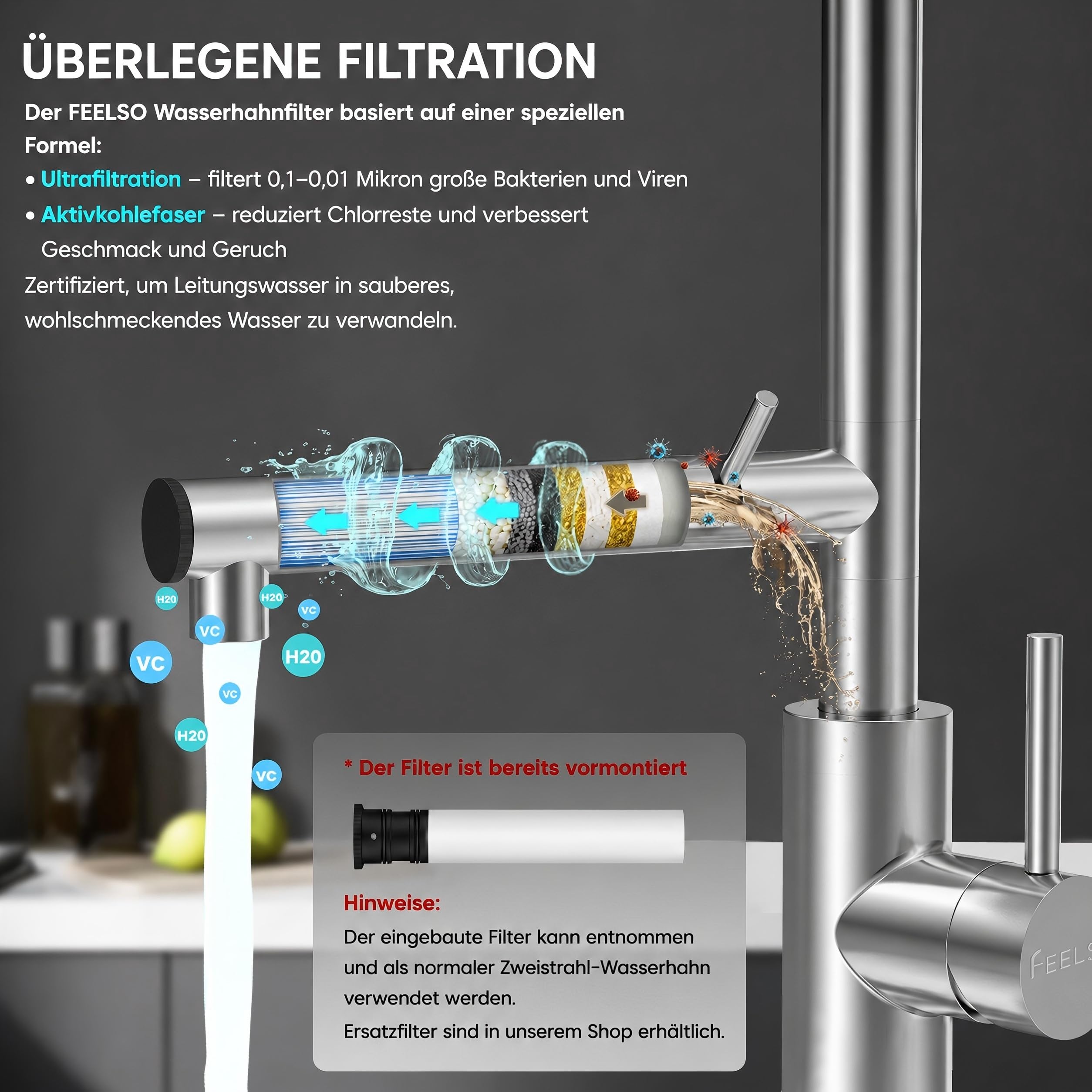 FEELSO Küchenarmatur Ausziehbar mit Filter für Trinkwasser Kochen & Spülen | 2 Wege Hochdruck Wasserhahn Küche mit 2 Strahlarten, 360°Drehbar, Entfernt Chlor,Schwermetalle, schlechten Geschmack,Bleifrei