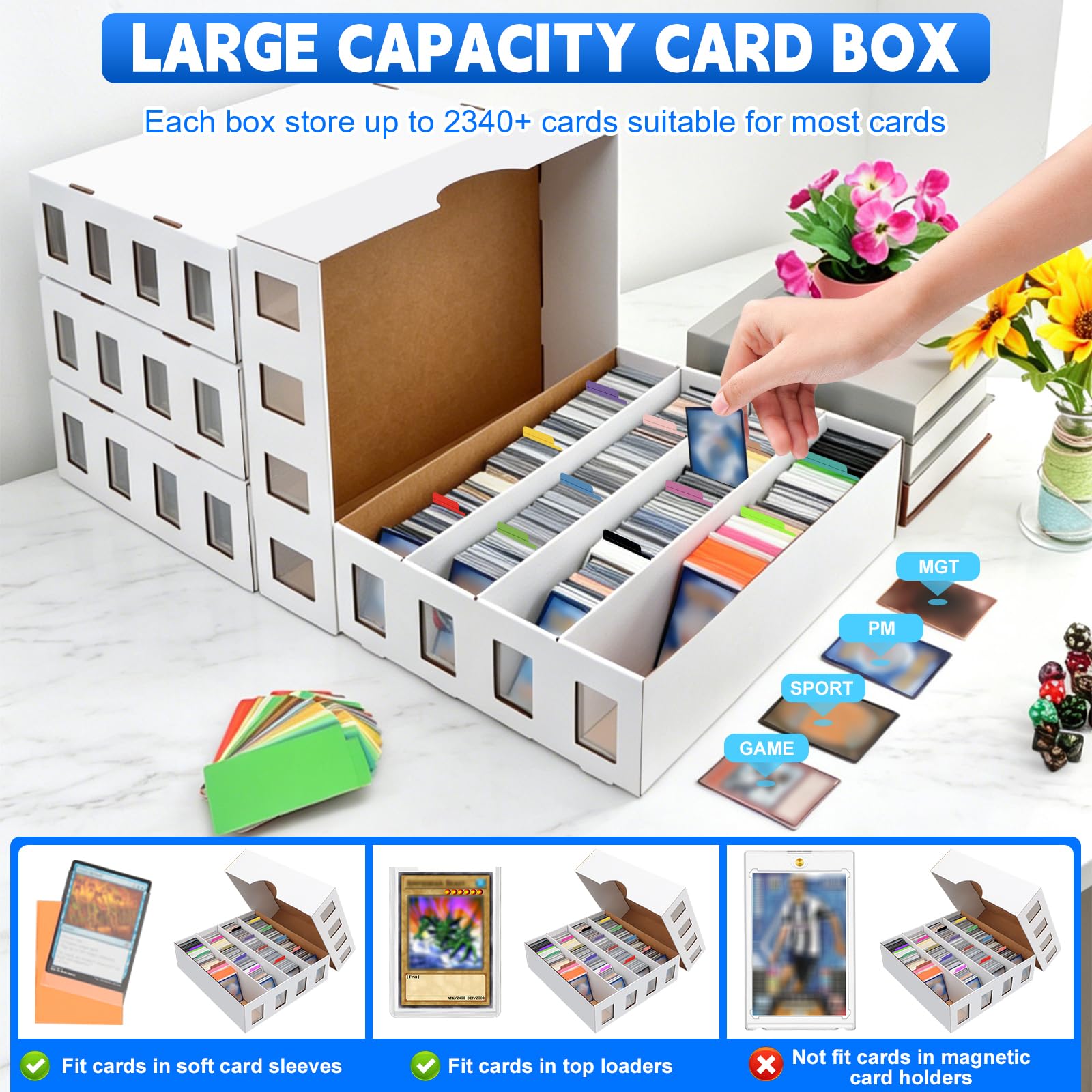 HIMOMO 6 Scatole Porta Carte Collezionabili a 4 File, Fino a 3120 Carte per Scatola, con 48 Divisori Colorati ed Etichette, per Carte TCG, Sportive, Bustine e Toploader
