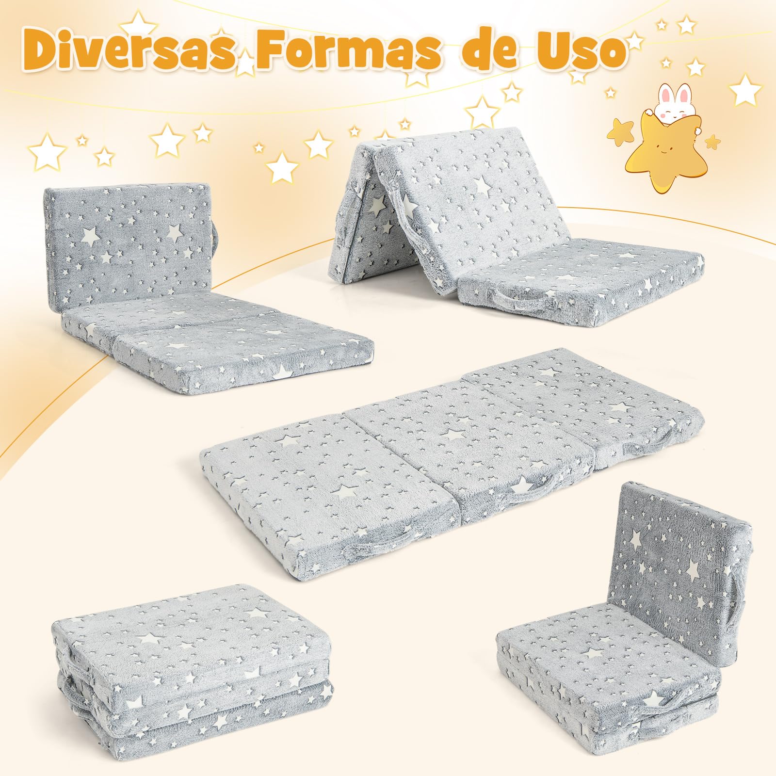 COSTWAY Colchón Cuna 122 x 61 x 7cm, Colchoneta de Suelo Plegable 3 Secciones, Estrella Brilla en Oscuridad, Funda Extraíble y Lavable a Máquina, Colchon Cuna de Viaje con Bolsa de Almacenaje