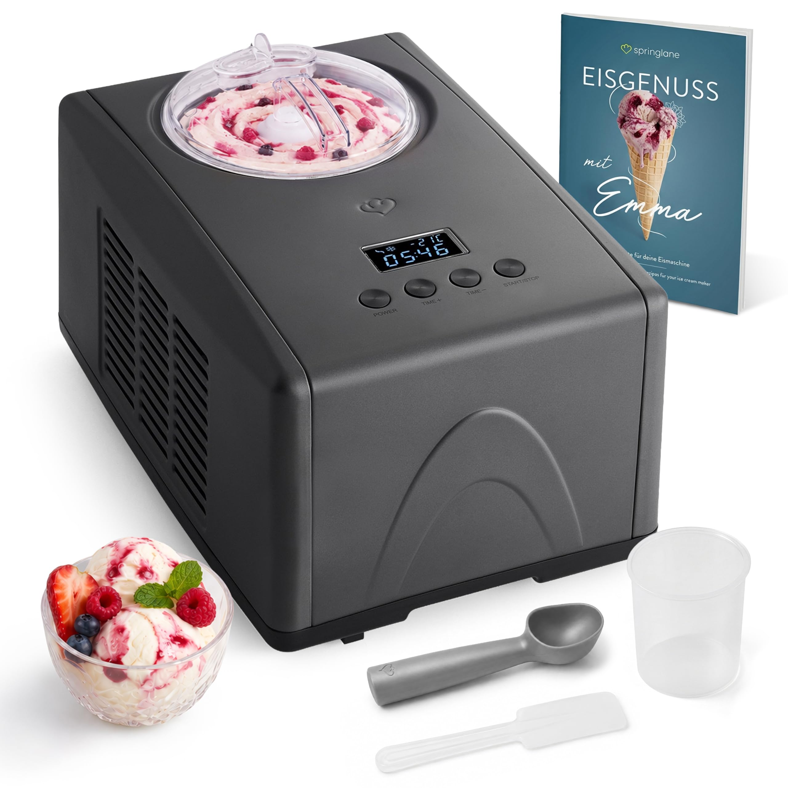 SPRINGLANE Eismaschine Emma 1,5 L mit selbstkühlendem Kompressor 150 W, aus Edelstahl mit entnehmbarem Eisbehälter, inkl. Rezeptheft (Anthrazit, Eismaschine)