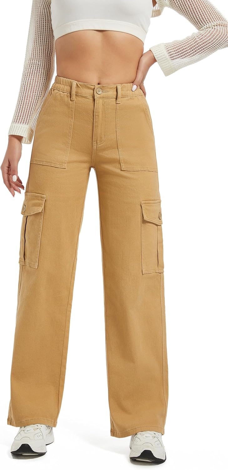 Aodrusa Brown Pants for Women High Waisted Stretch Straight Leg Cargo Pants with Pockets Trendy Trousers - Image 3