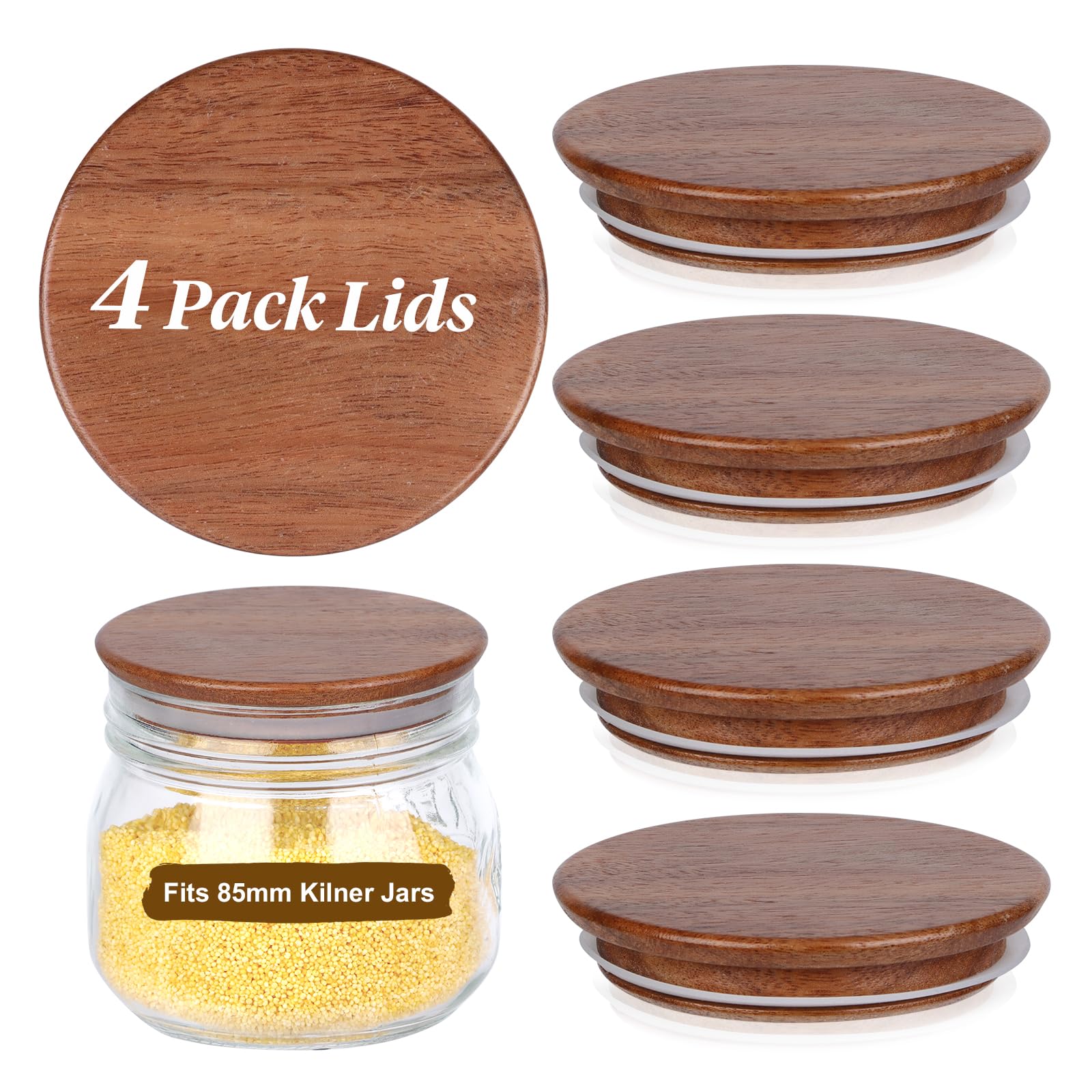 4 Pack Acacia Wood Lids for Kilner Clip Top Round Jar Wood Jar Lids with Silicone Sealing 8.5cm Replacement Lids Silicone Seals for 0.35L 0.5L 1L 1.5L and 2L Kilner Preserving Jars Airtight