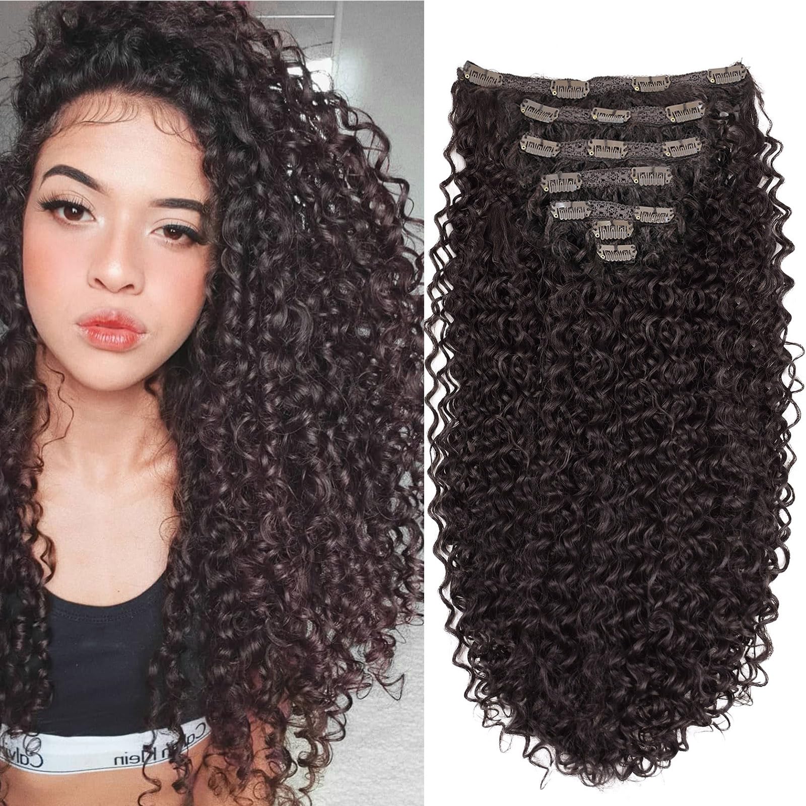 LACE PLUS Jerry Curly Clip in Hair Extensions for Black Women - 24 Inch Medium Brown Synthetic Hair Extensions, 140g 7PCS Soft Clip in Curly Hair