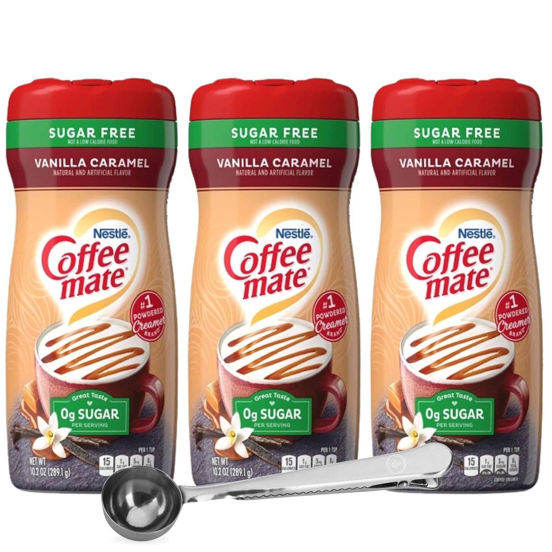Sugar-Free Vanilla Caramel Powder Coffee Creamer, 10.2 oz Canister (3-Pack) – Non-Dairy, Gluten-Free – Includes Direct Coffee Tea Est 2019 Spoon with Clip