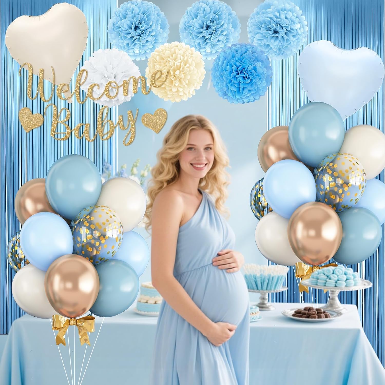 Dusty Blue Baby Shower Decorations for Boy,Welcome Baby Banner with Sand White Champagne Gold Balloons Fringe Curtains Paper Pom Poms Flowers Tassels for Boho Baby Shower Gender Reveal Party Supplies - Image 4