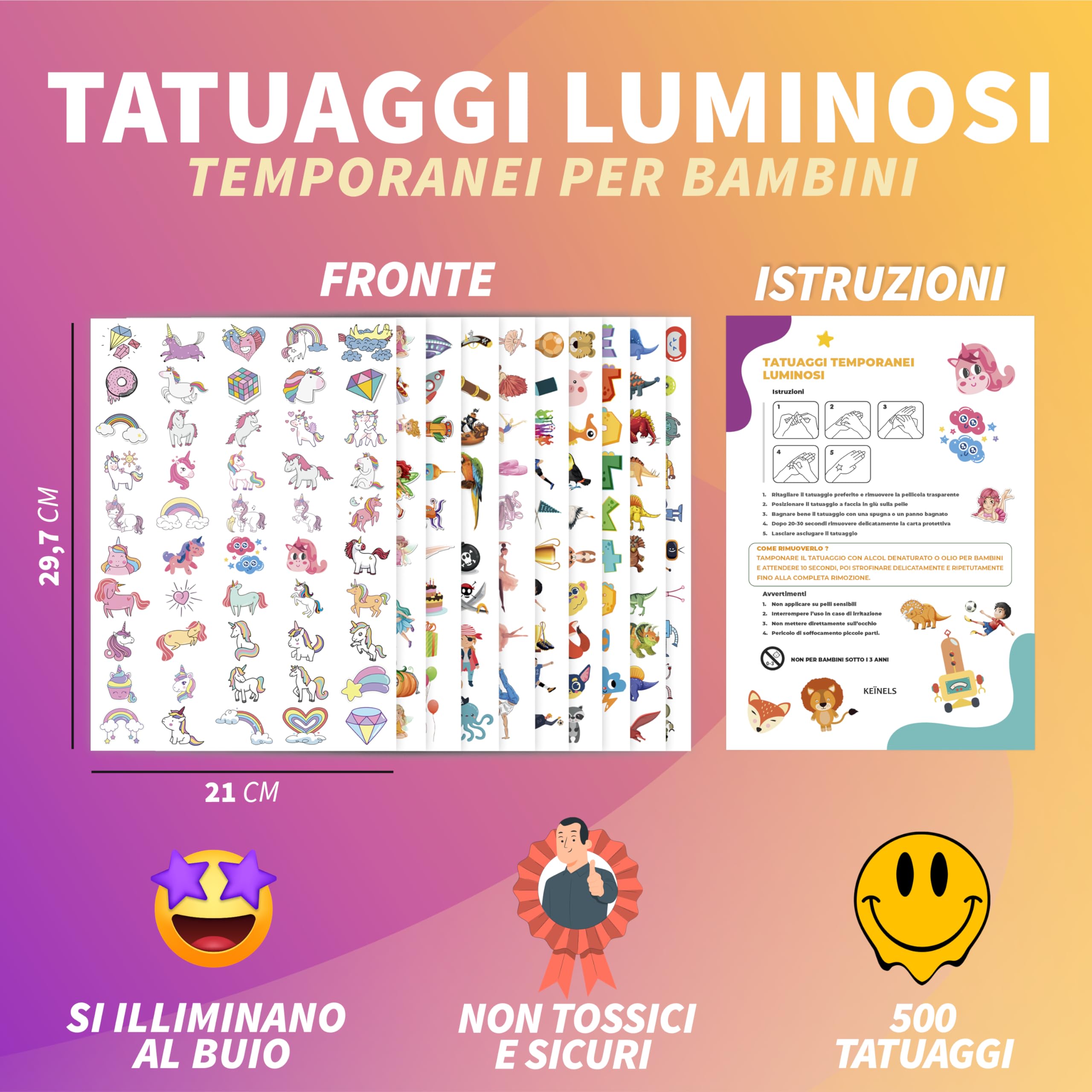 500 Pz Tatuaggi per Bambini - 10 Fogli Tatuaggi Temporanei Luminosi Gadget Compleanno Bambini Originali - Regalini Fine Festa Compleanno Invitati Bambino Bambina Unicorno Dinosauro Sirena Calcio