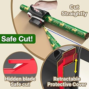 Wraprocut (2-Pack) Wheel Wrapping Paper Cutter & Tape Dispenser with 4 Tapes2 Replace Blades Kit for Christmas Gift Wrap Cutter Tool Paper Roll Holder Tube Sliding Slicing for Birthday Holiday.