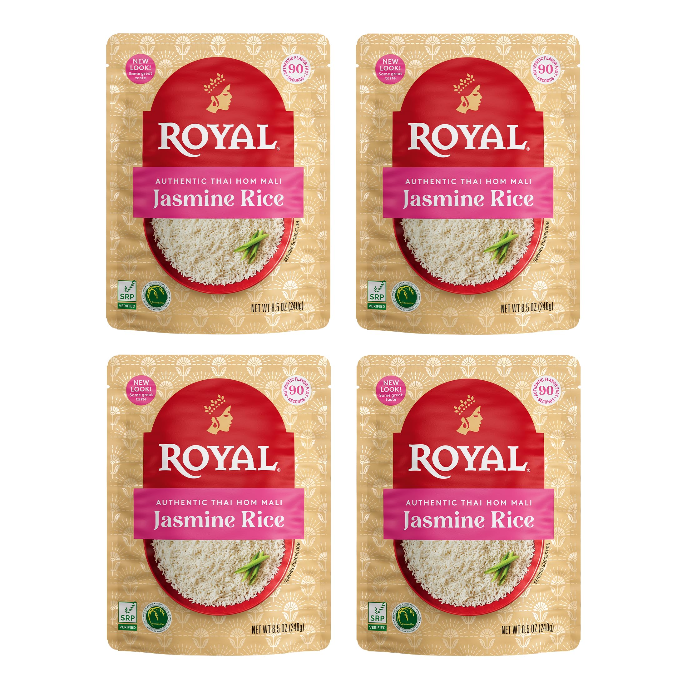 Royal Authentic Thai Hom Mali White Jasmine Rice - Microwave Rice - Dinner Side Dish - (4 Pack) 8.5 oz Pouch