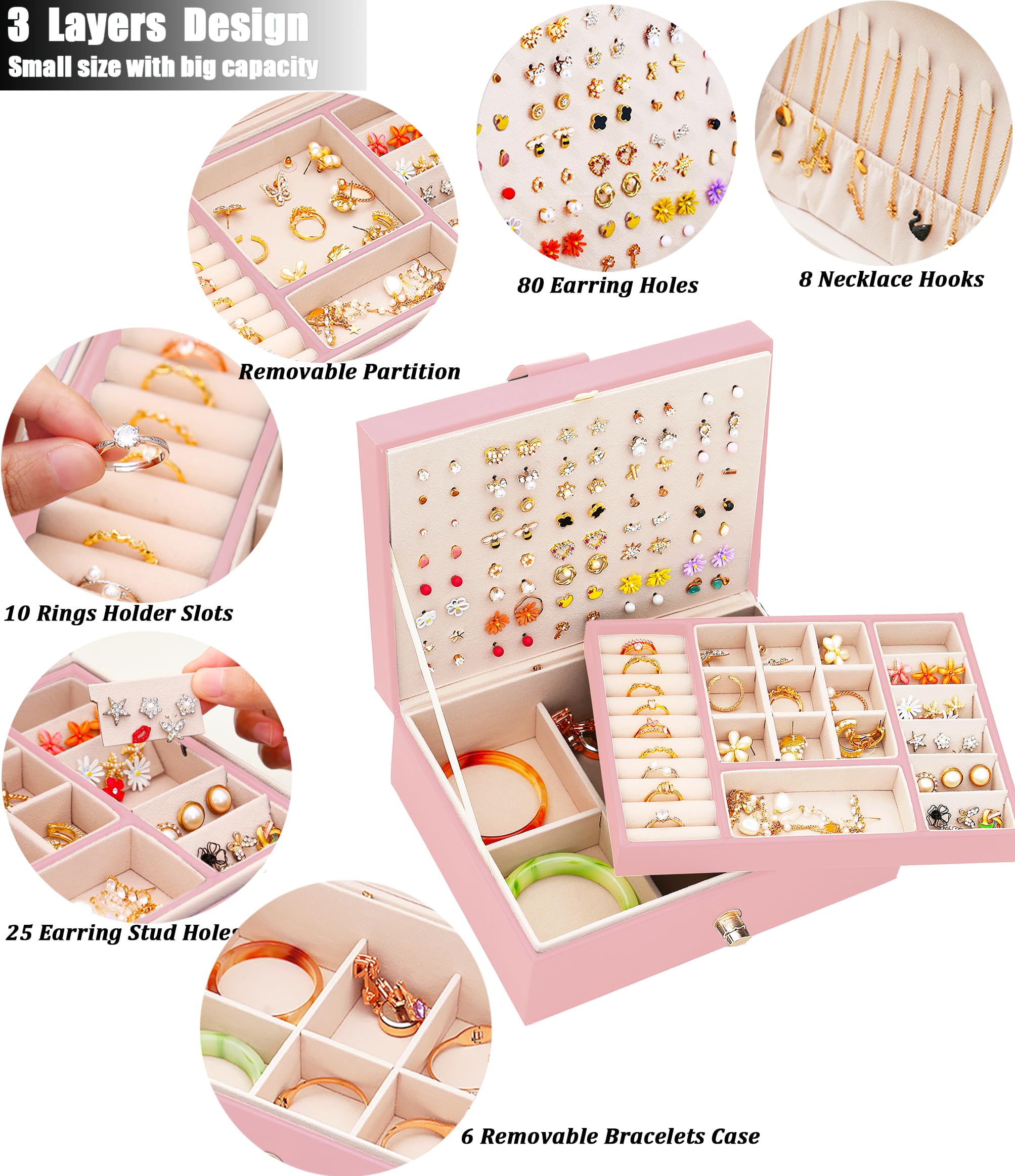 Girls Jewelry Box Earring Holder Organizer for Girls Earring Organizer Teen Jewelry Box Organizer for Girl Pink jewelry Boxes for Earrings Necklaces Rings Stud Earrings Box Organizers Teens