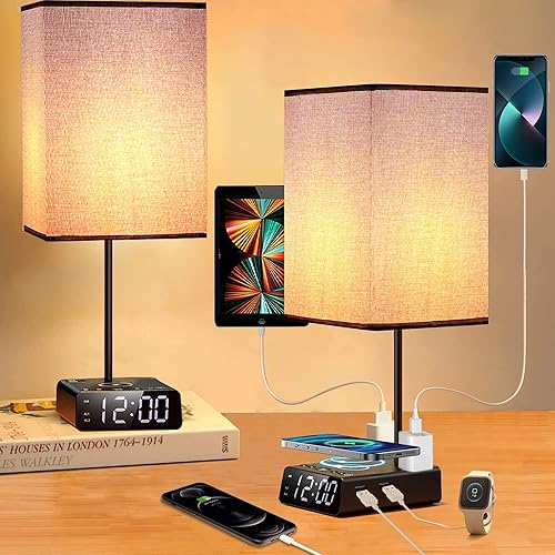 Table Lamps for Bedroom Set of 2 - Touch Bedside Lamp with Wireless Charger & 2 USB Charging Ports & 2 AC Outlets, Alarm Clock Base,Dimmable Paquete