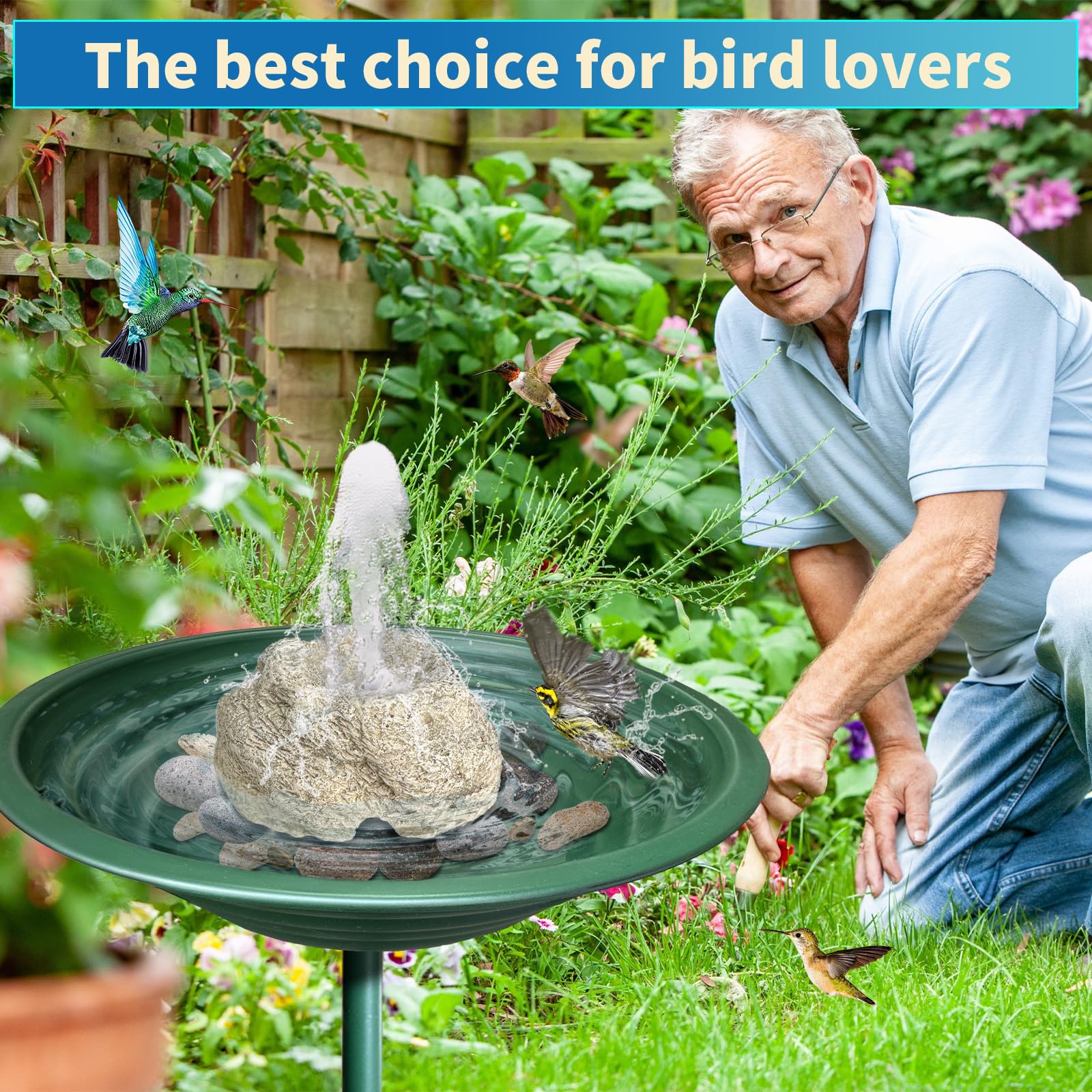 SAC SMARTEN ARTS - Fontana per uccelli per vasca da bagno per uccelli con pompa dell'acqua da 7,5 W, funzione acqua in granito resina, per giardino, patio, prato, colibrì, voliera, acquario e acquari