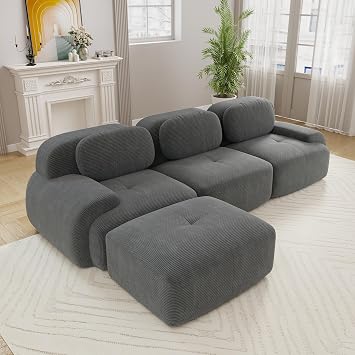 Boneless Sectional Couch, No Assembly Required, 117.3 L Shaped Modular Cloud Sofa with Pillow and Ottoman, Deep Seat Corduroy Couch for Living Room, Bedroom, Office, Apartment