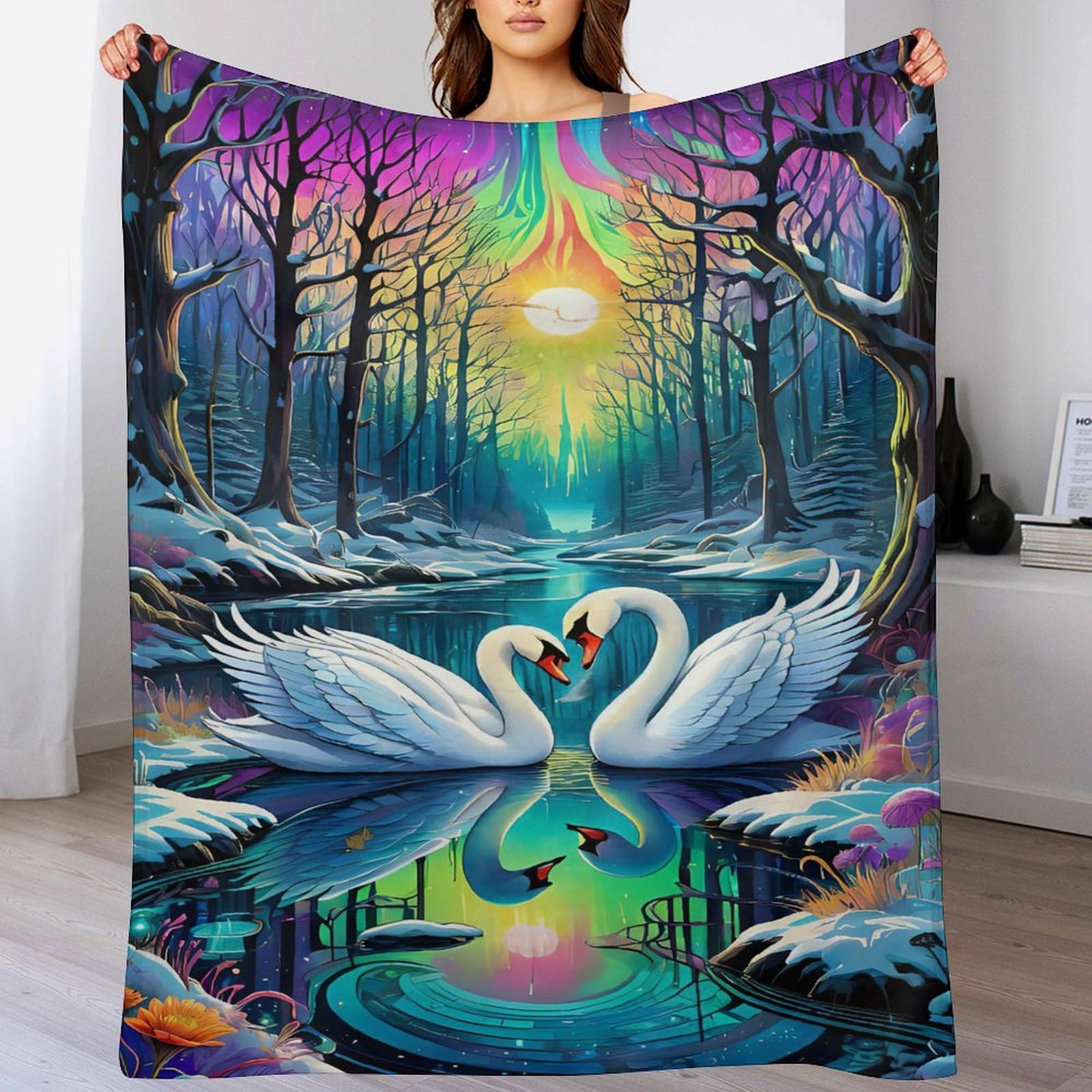 Couverture cygne anti-froid en polaire légère pour canapé et lit