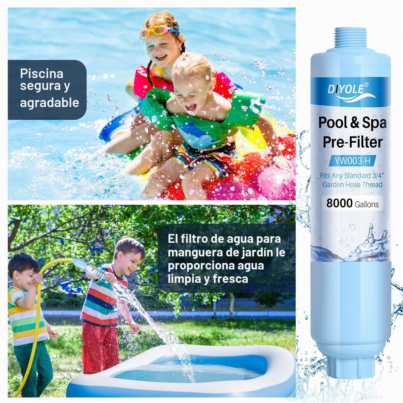 Filtro de manguera de jardín para llenar piscina, jacuzzi, spa, reduce considerablemente los sedimentos, cloro, metales pesados y olores, rosca estándar de manguera de jardín de 3/4 pulgadas,