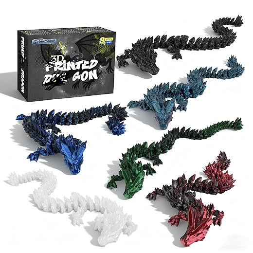 6PCS 12” Black 3D Printed Dragon Set, Articulated Dragon Figures, Flexible Fidget Toys, Desk Toys & Dark Fantasy Decor, Dragon Gifts, Collectibles & Party Favors for Teens and Adults